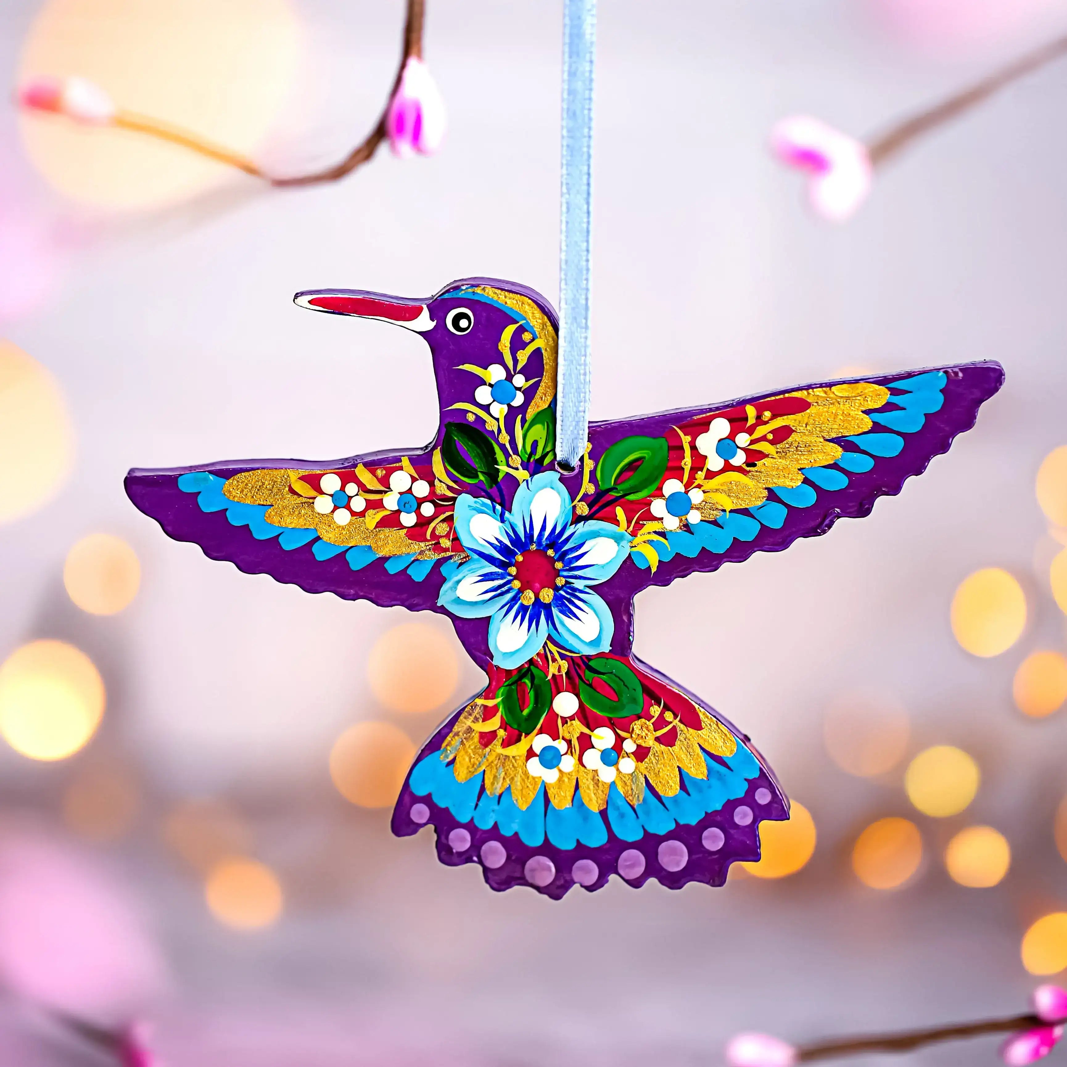 Hand-painted Wooden Hummingbirds Christmas Ornament