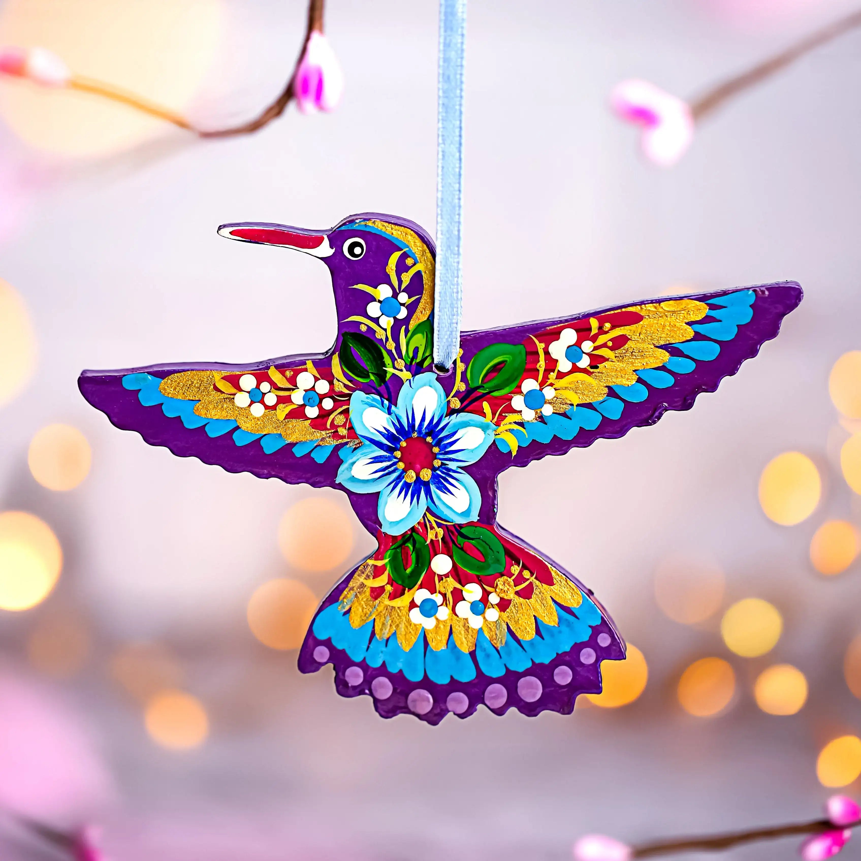 Set of 4 Hand-painted Wooden Hummingbird Christmas Ornaments with Petrykivka Art