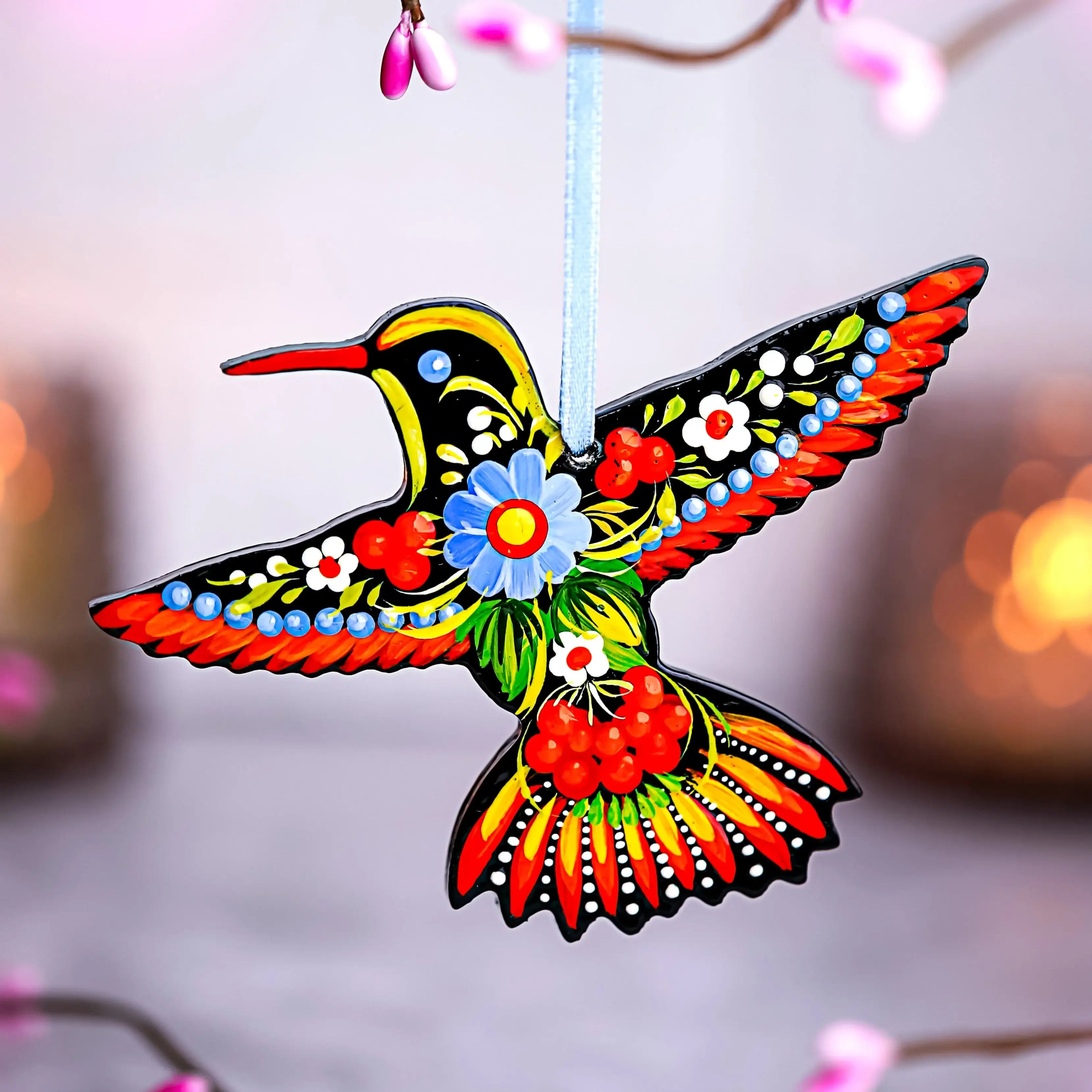 Set of 4 Hand-painted Wooden Hummingbird Christmas Ornaments with Petrykivka Art