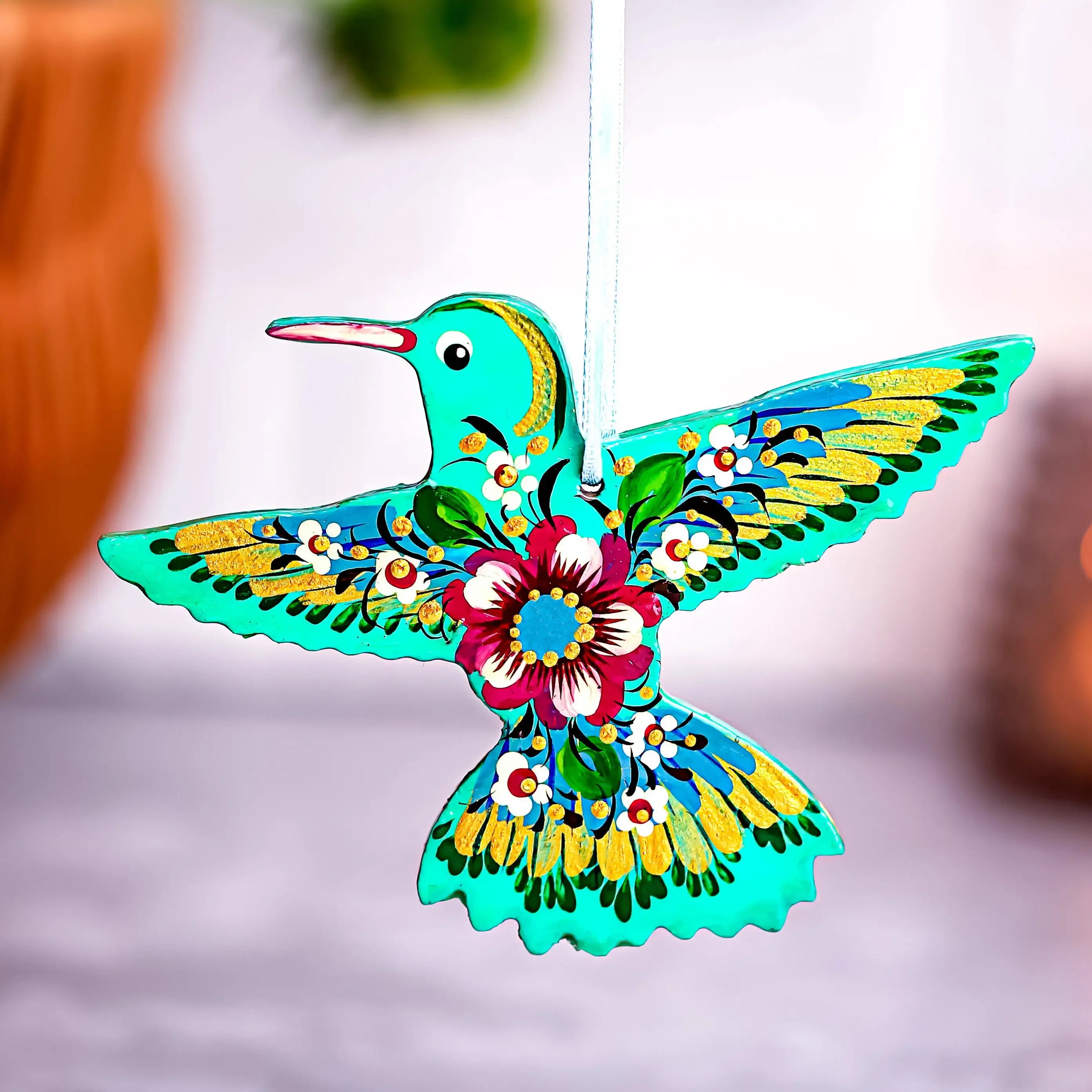 Hand-painted Wooden Hummingbird Christmas Ornament with Petrykivka Art