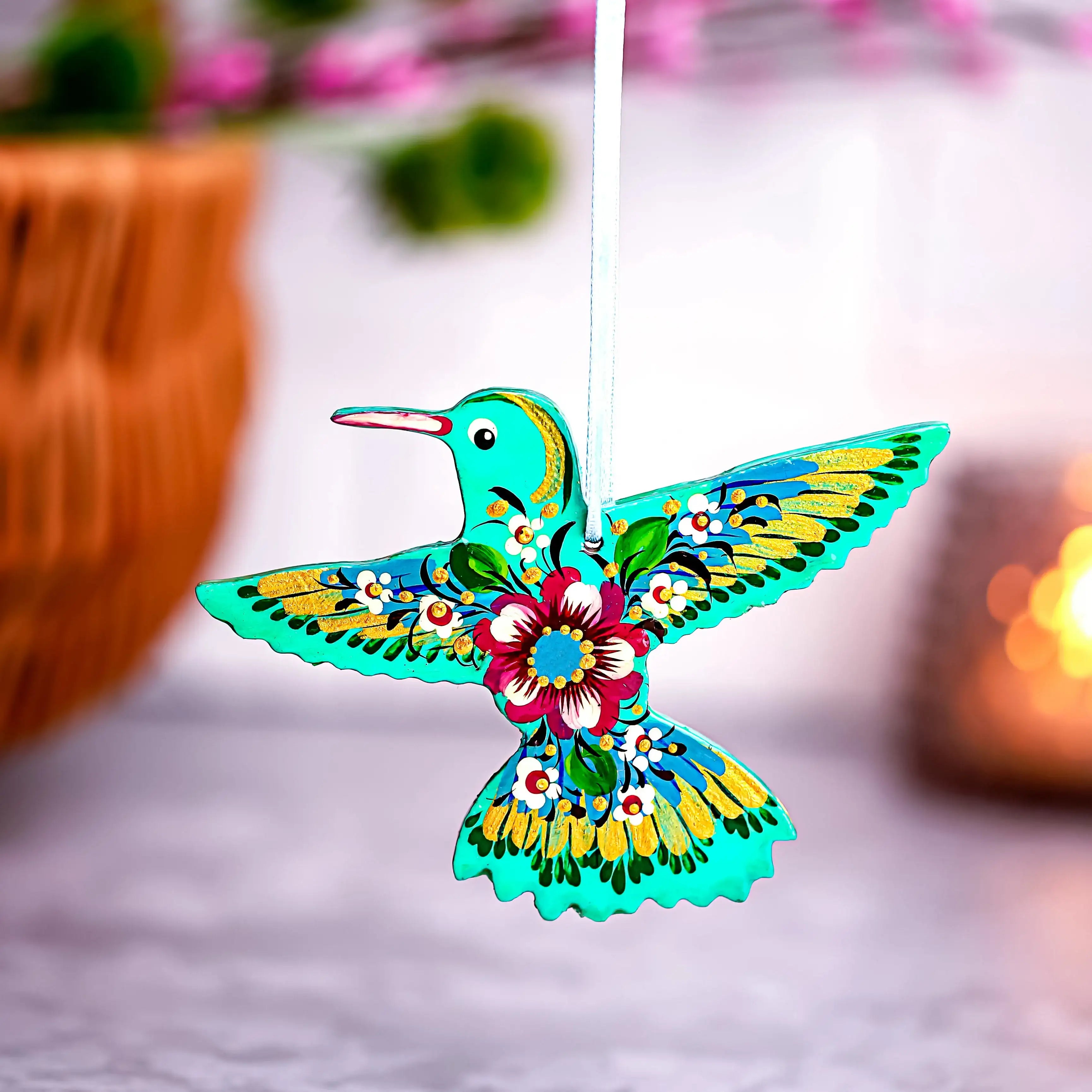 Hand-painted Wooden Hummingbird Christmas Ornament with Petrykivka Art