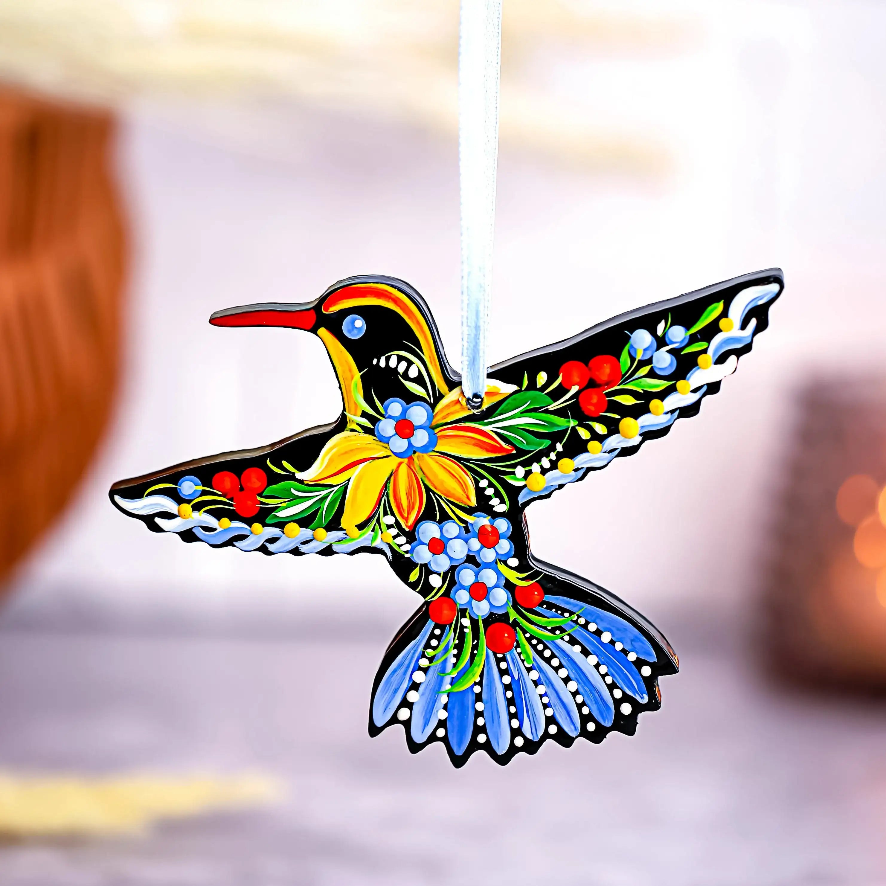 Hand-painted Wooden Hummingbird Christmas Ornament with Petrykivka Art