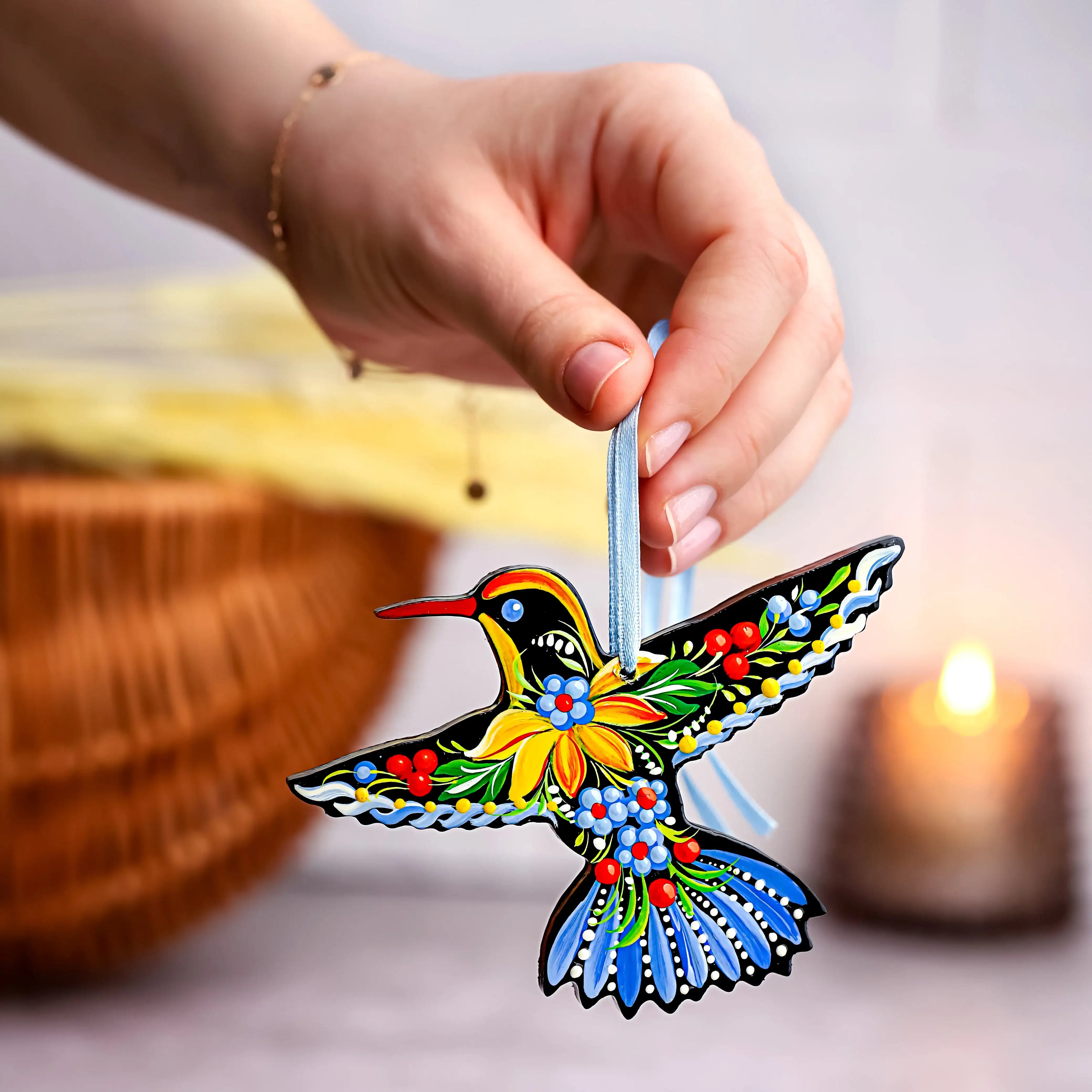 Set of 4 Hand-painted Wooden Hummingbird Christmas Ornaments with Petrykivka Art