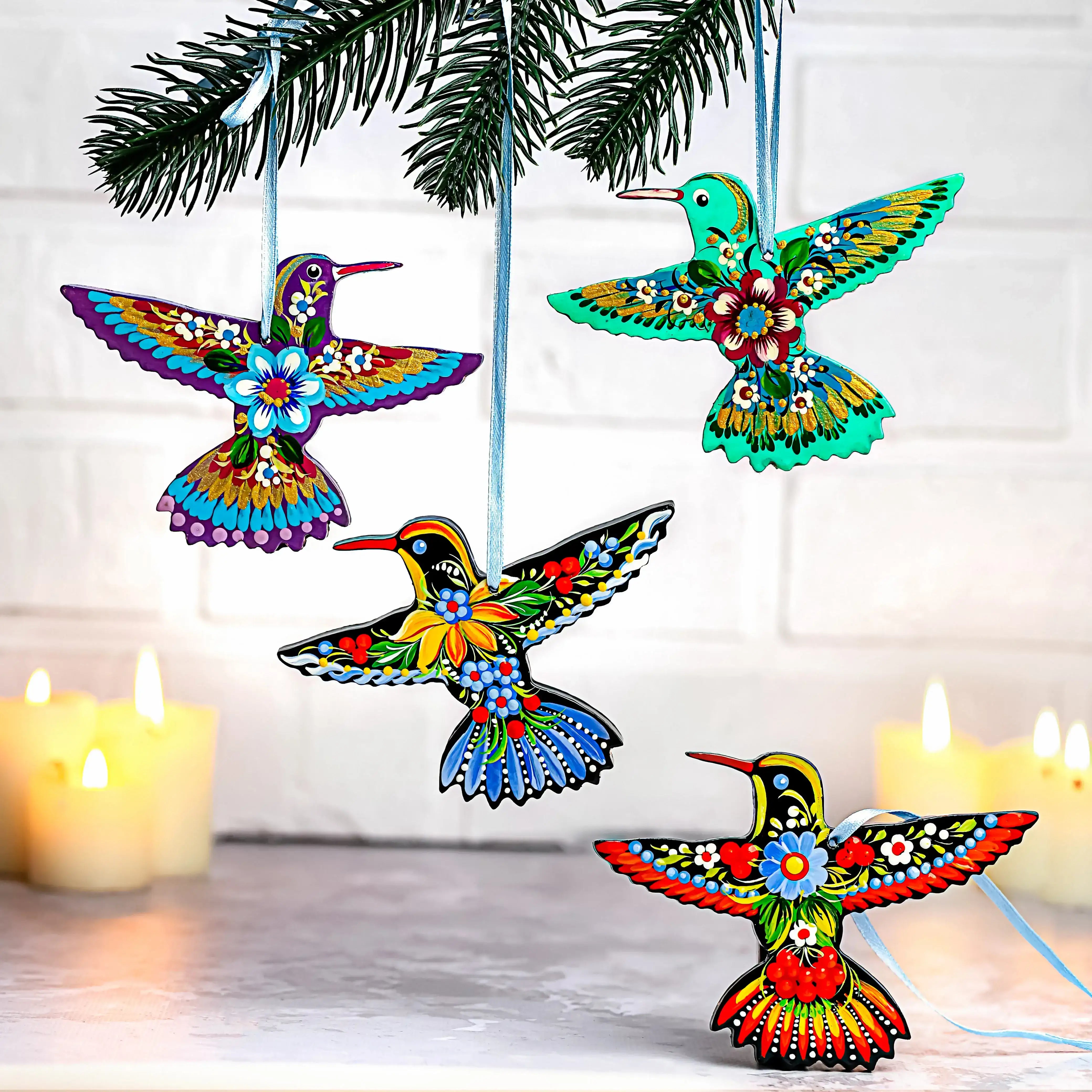 Hand-painted Wooden Hummingbirds Christmas Ornament with Petrykivka Art
