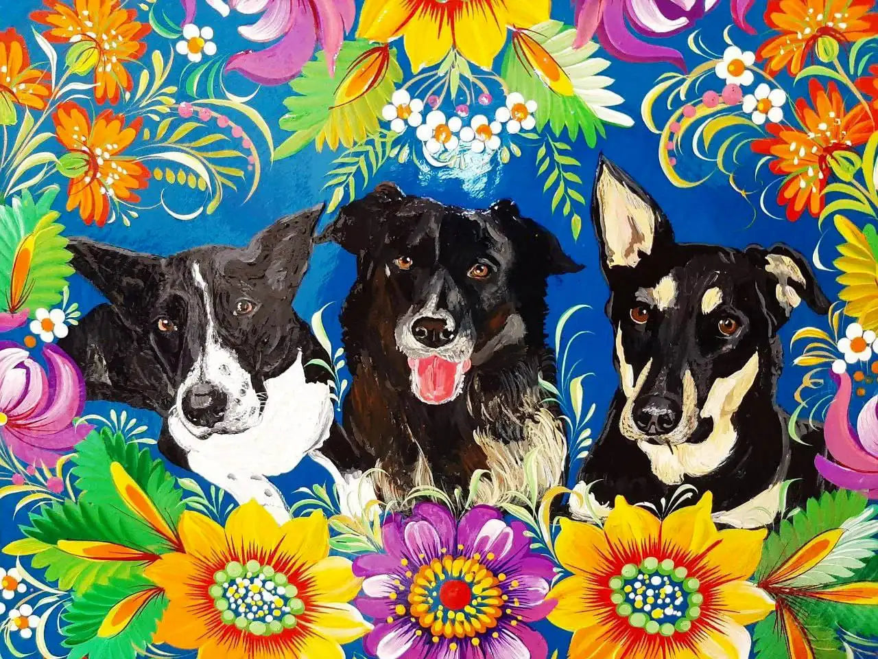 Painted Custom Three Pets Portrait on Wooden Plate