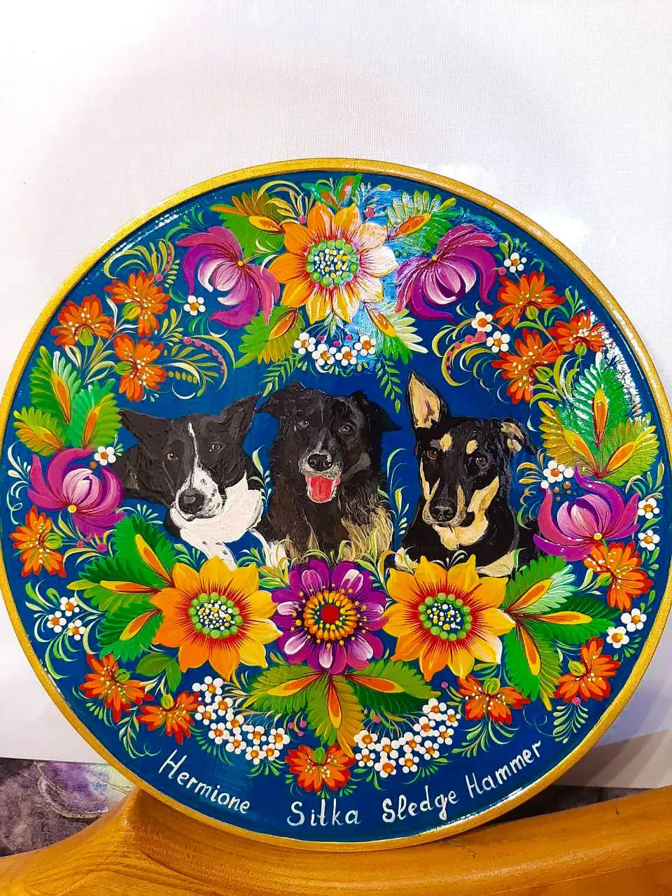 Painted Custom Three Pets Portrait on Wooden Plate