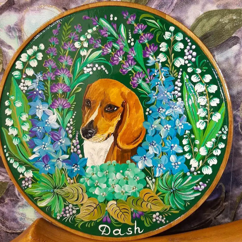 Painted Custom Pet Portrait on Wooden Plate with Lily of the Valley and Hydrangea