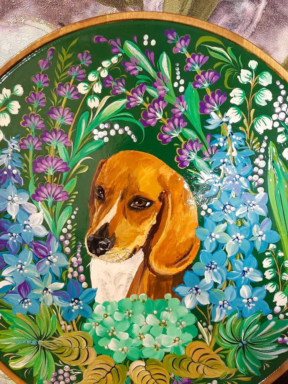 Painted Custom Pet Portrait on Wooden Plate with Lily of the Valley and Hydrangea