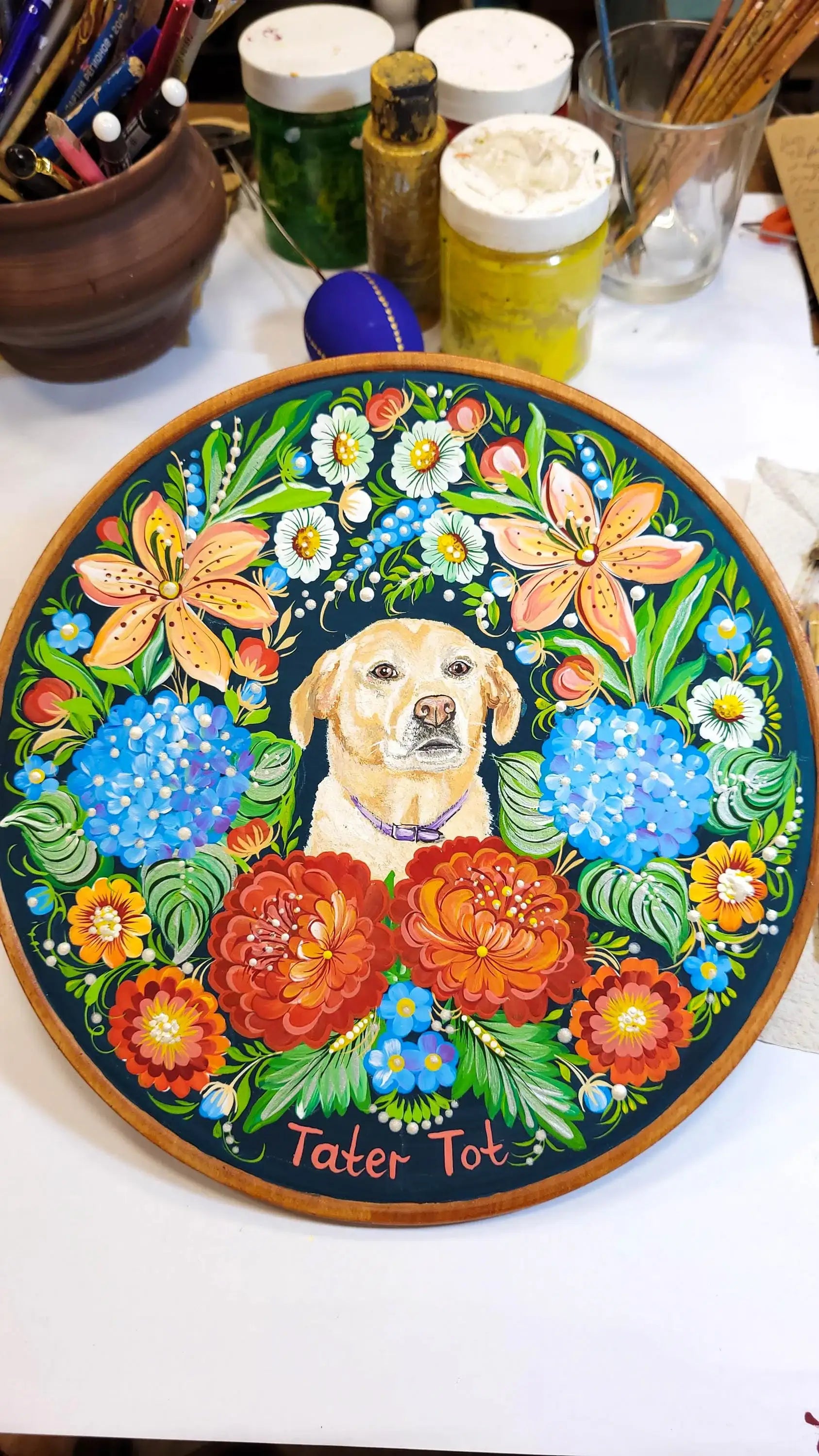 Painted Custom Pet Portrait on Wooden Plate