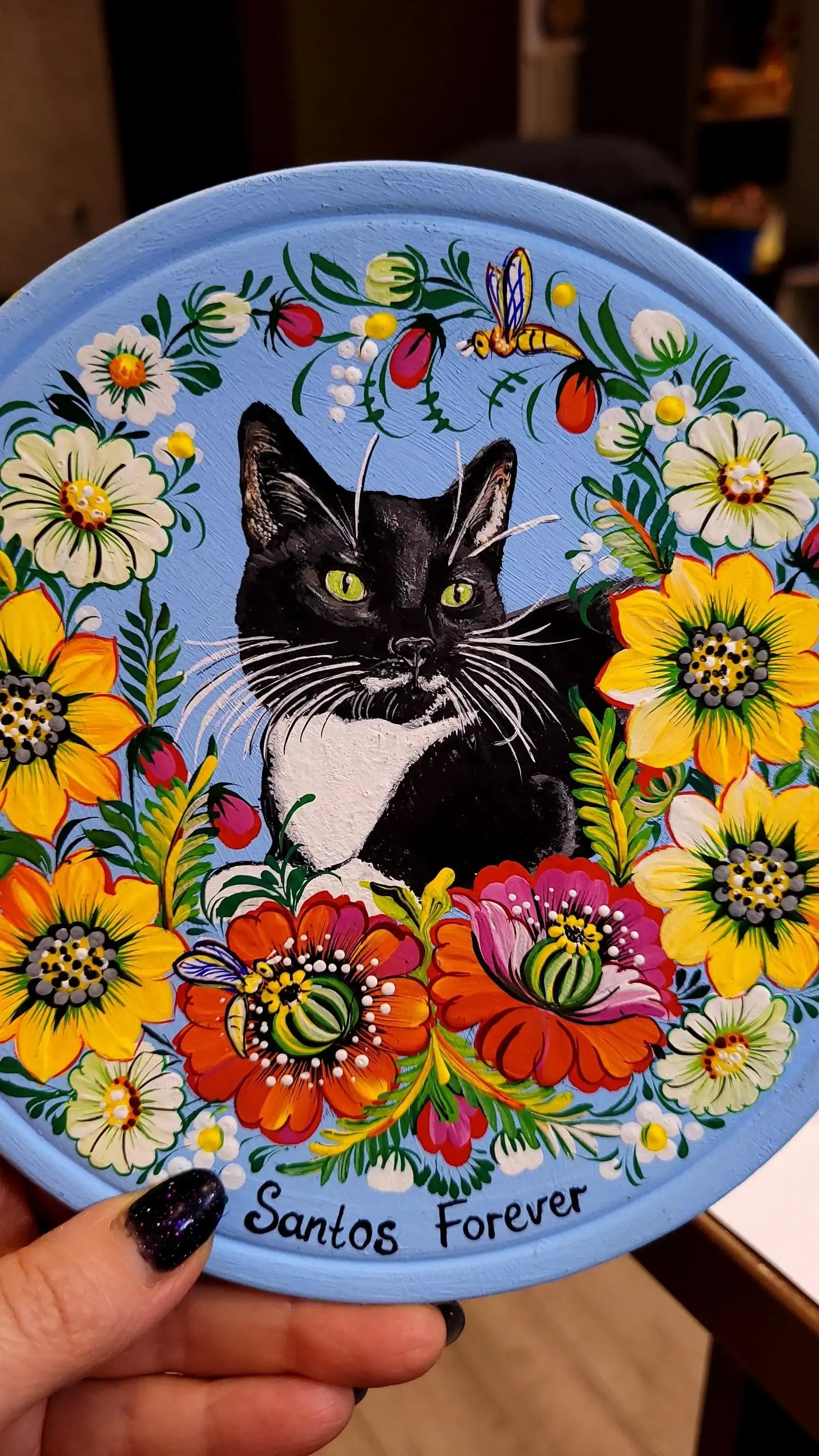 Painted Custom Pet Portrait on Wooden Plate with Petrykivka Art