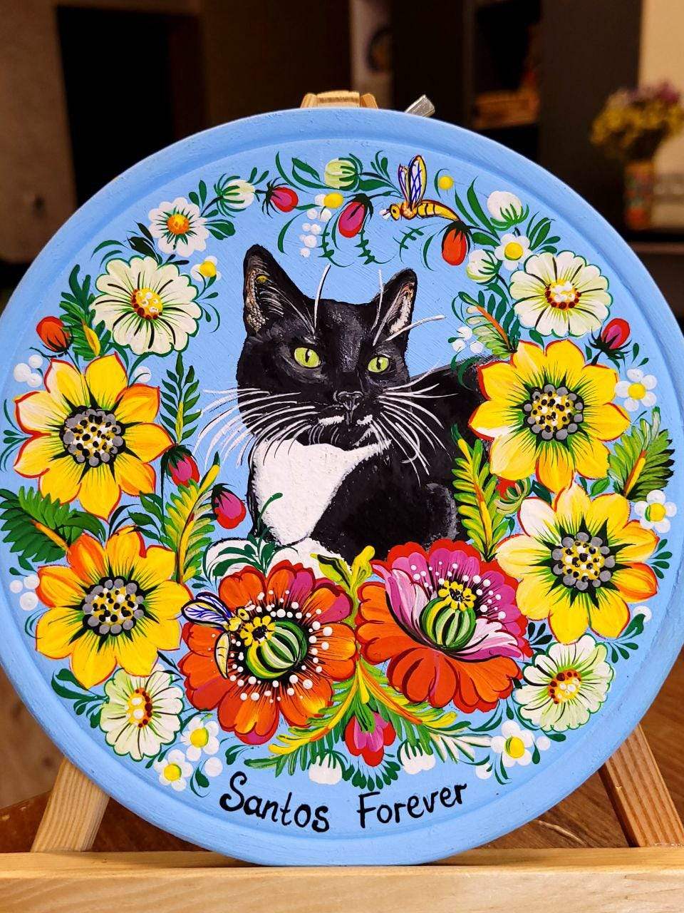 Painted Custom Pet Portrait on Wooden Plate with Petrykivka Art