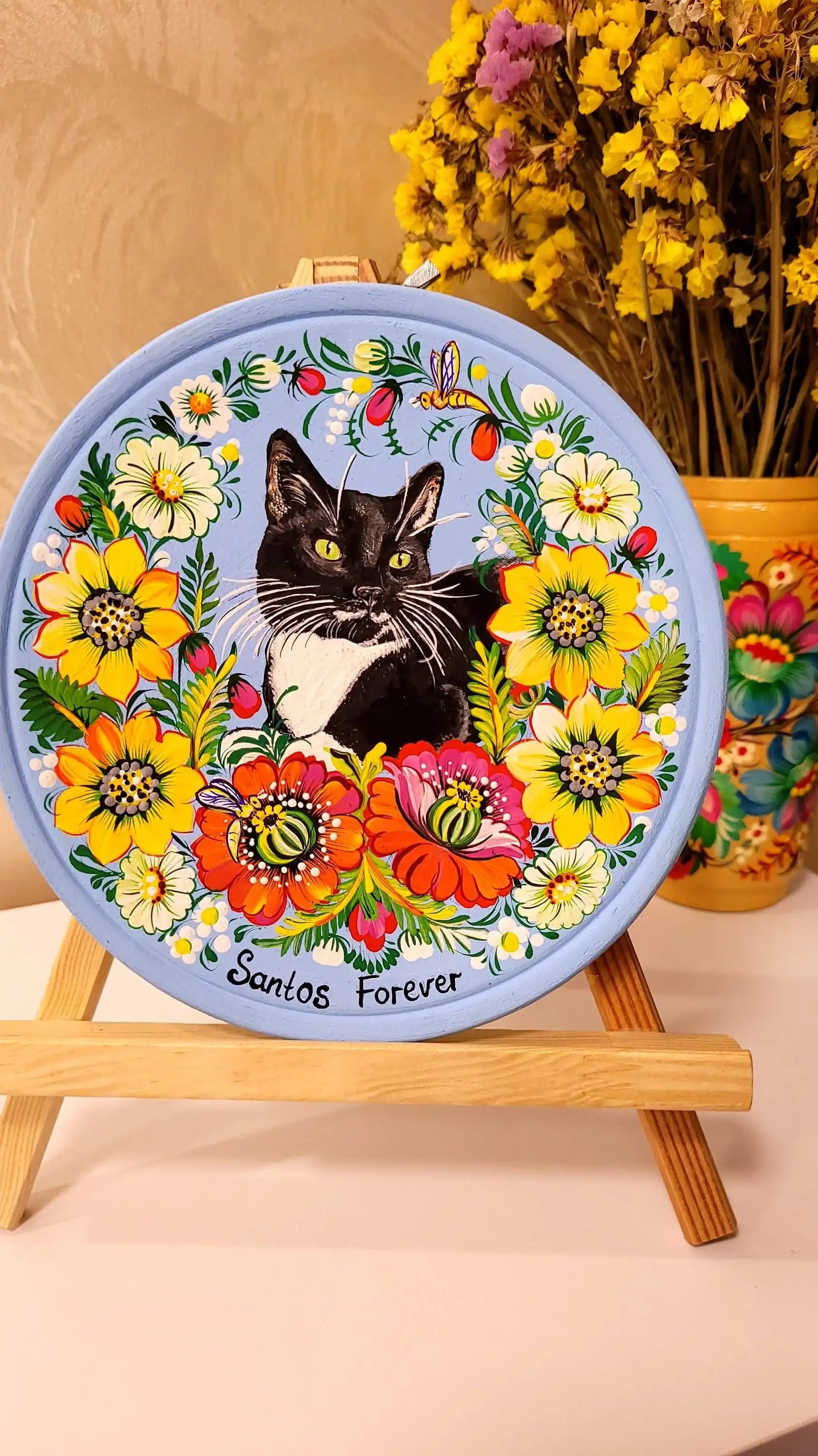 Painted Custom Pet Portrait on Wooden Plate with Petrykivka Art