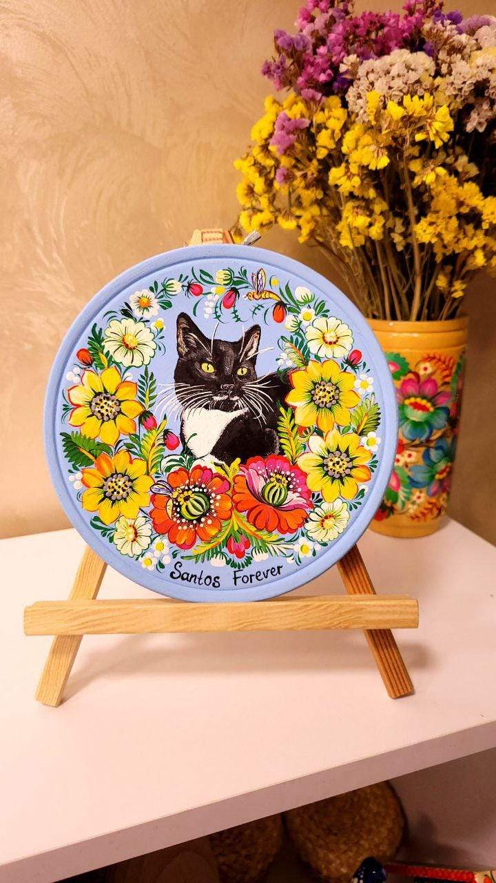 Painted Custom Pet Portrait on Wooden Plate with Petrykivka Art