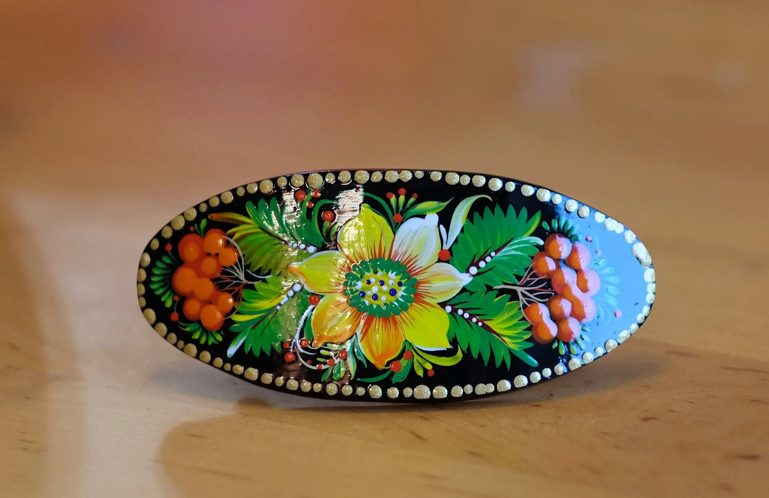 Painted Wooden Sunflower Hair Barrette - Handmade Artisanal Petrykivka Art French Hair Clip