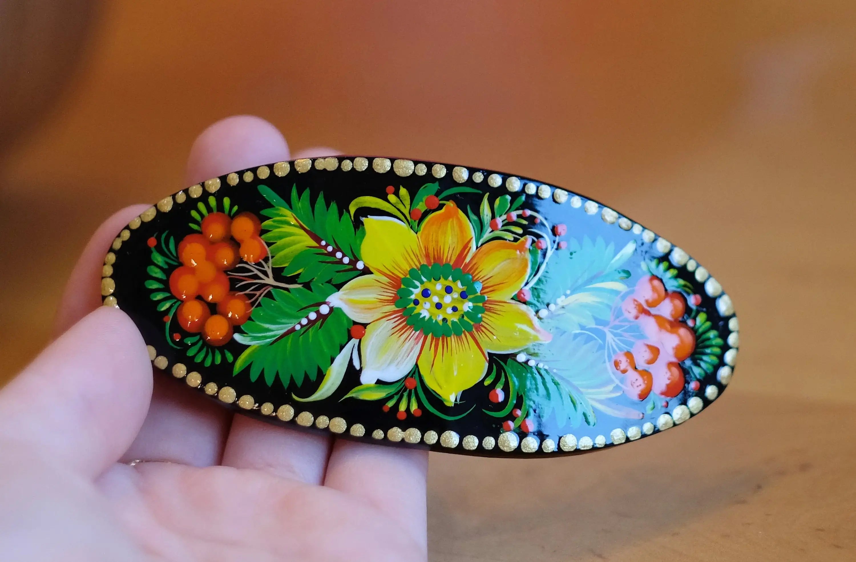 Painted Wooden Sunflower Hair Barrette - Handmade Artisanal Petrykivka Art French Hair Clip