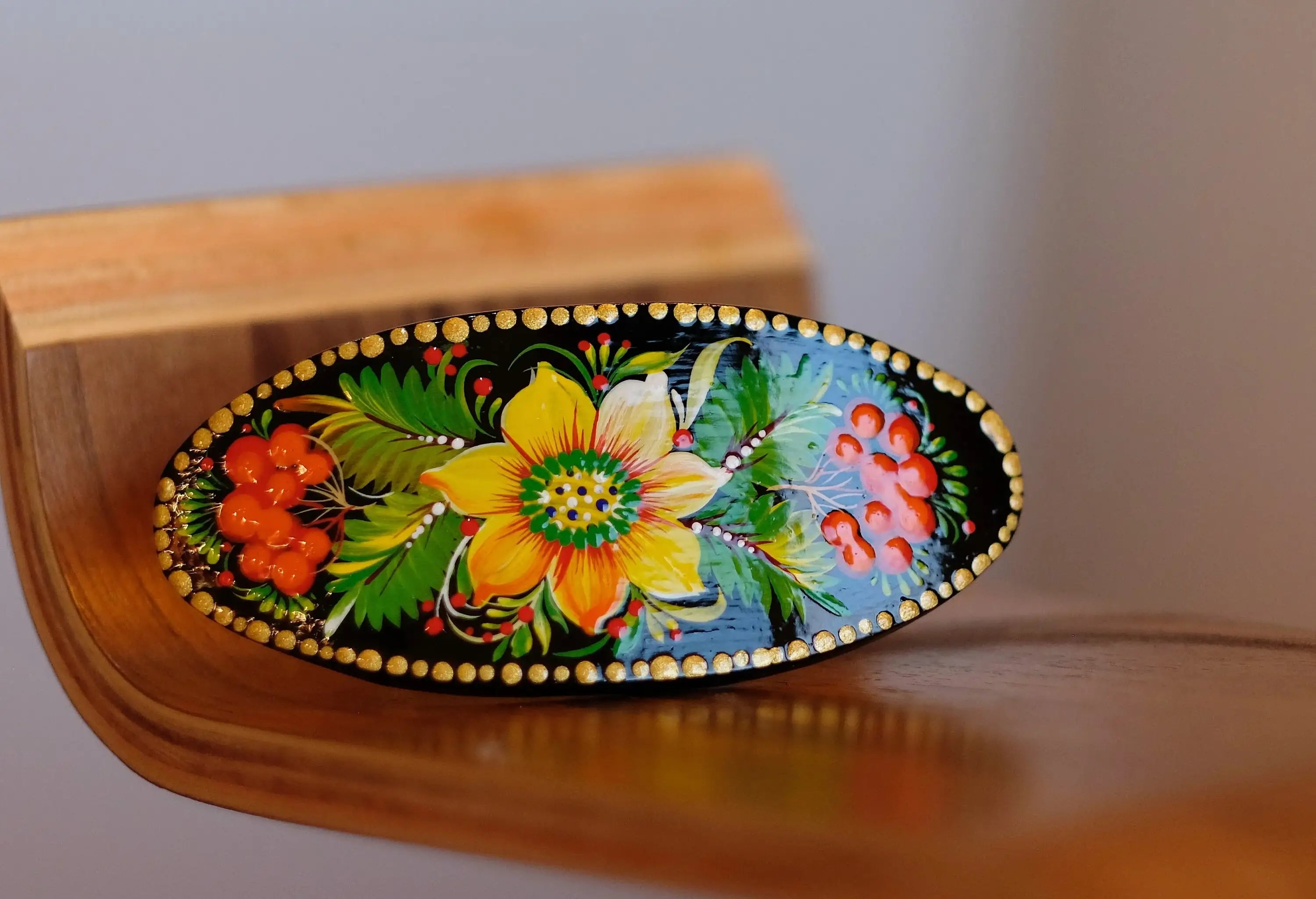 Painted Wooden Sunflower Hair Barrette - Handmade Artisanal Petrykivka Art French Hair Clip