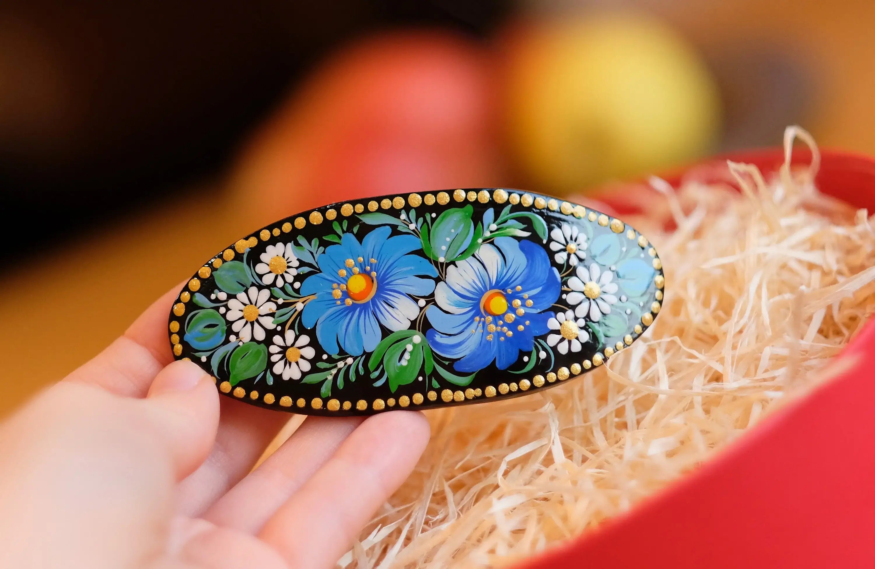 Painted Wooden Oval Hair Barrette - Artisanal Petrykivka Art Blue Flower French Hair Clip
