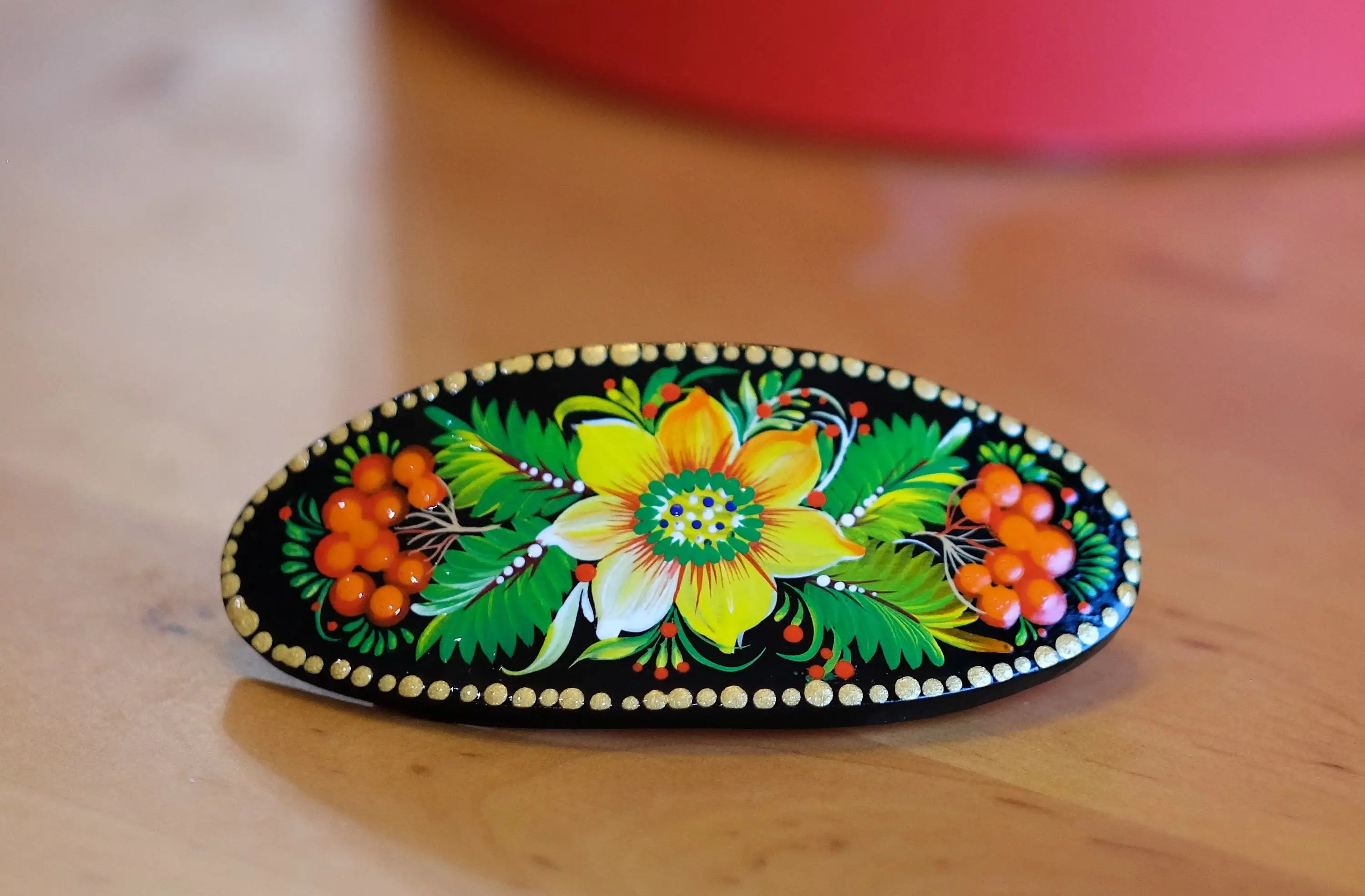 Painted Wooden Sunflower Hair Barrette - Handmade Artisanal Petrykivka Art French Hair Clip