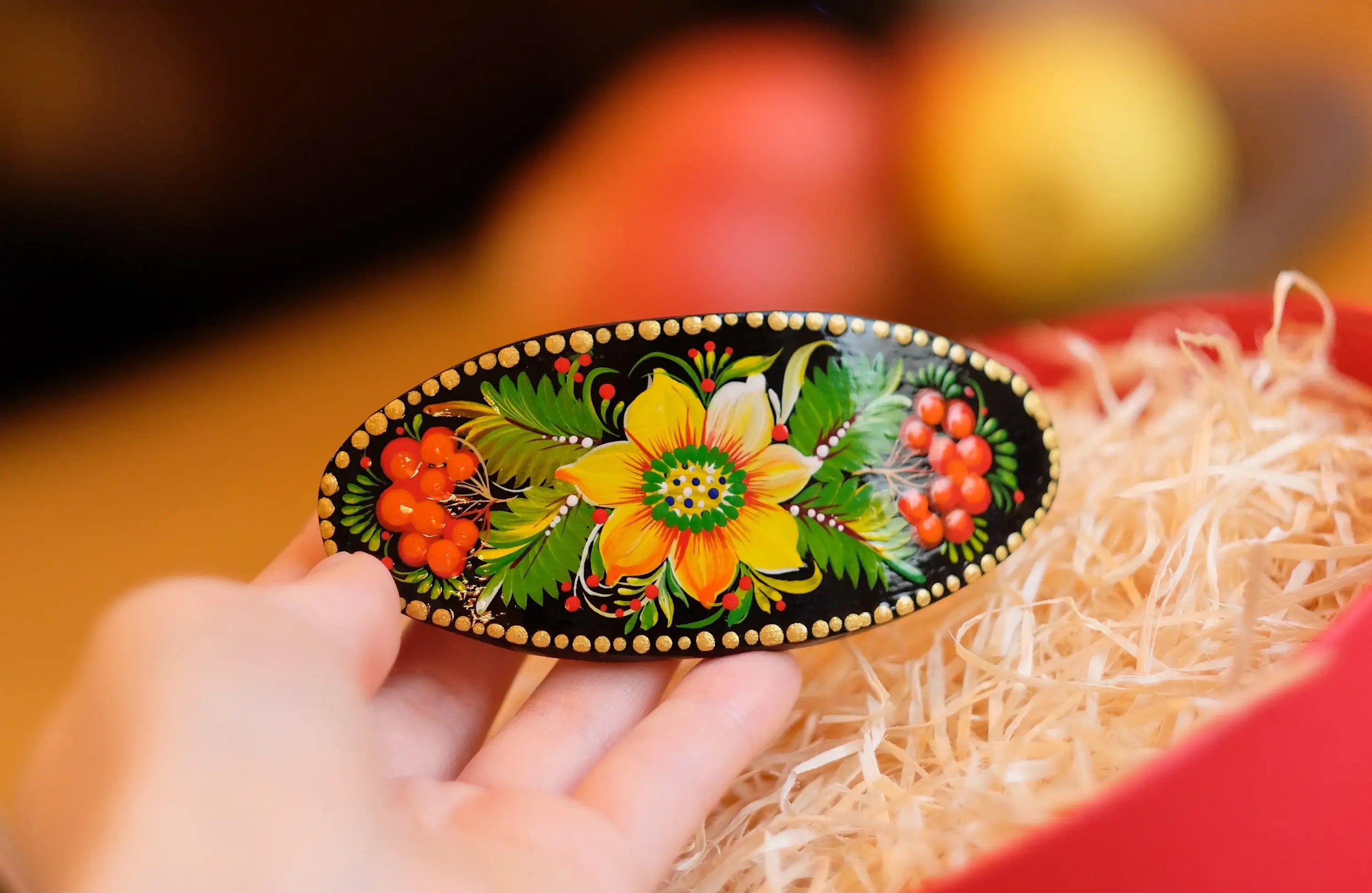 Painted Wooden Sunflower Hair Barrette - Handmade Artisanal Petrykivka Art French Hair Clip