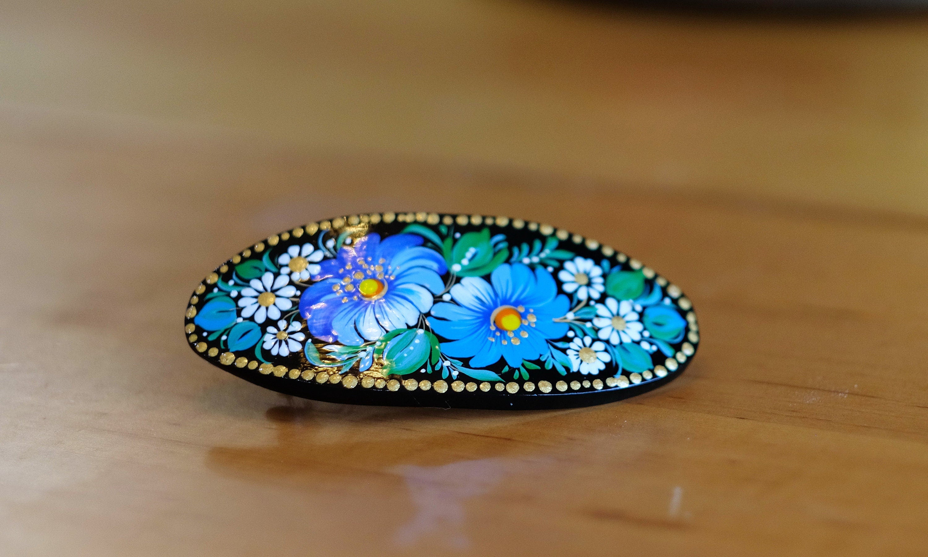 Painted Wooden Oval Hair Barrette - Artisanal Petrykivka Art Blue Flower French Hair Clip