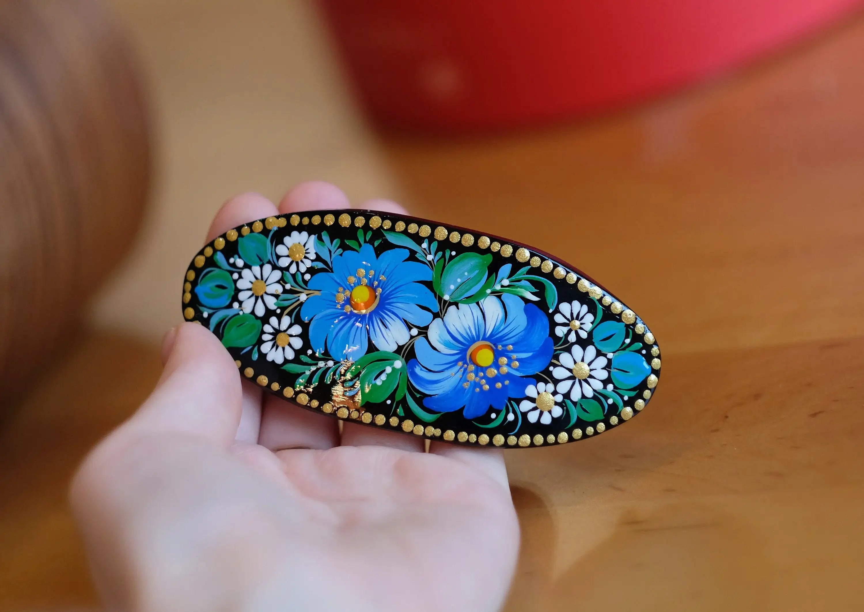 Painted Wooden Oval Hair Barrette - Artisanal Petrykivka Art Blue Flower French Hair Clip