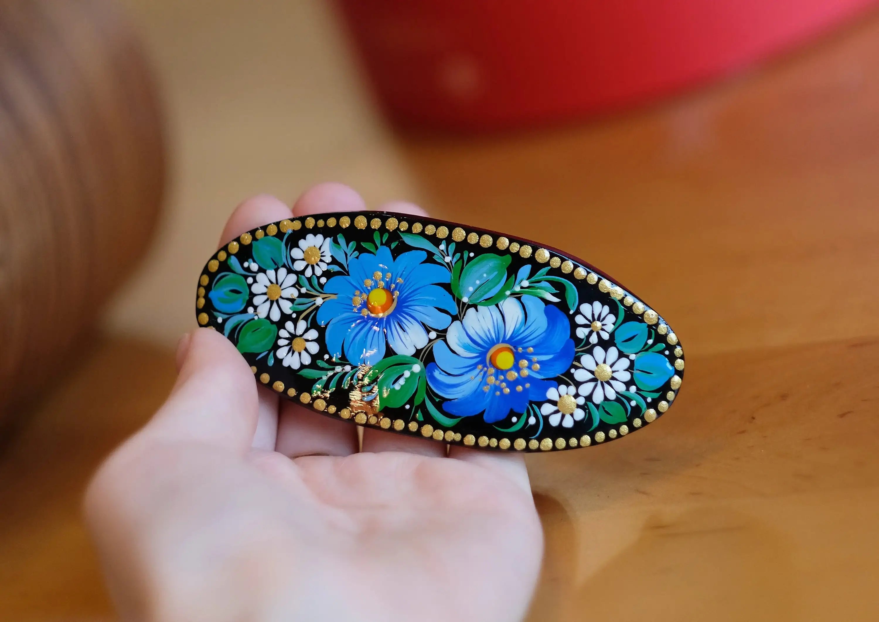 Painted Wooden Oval Hair Barrette - Artisanal Petrykivka Art Blue Flower French Hair Clip