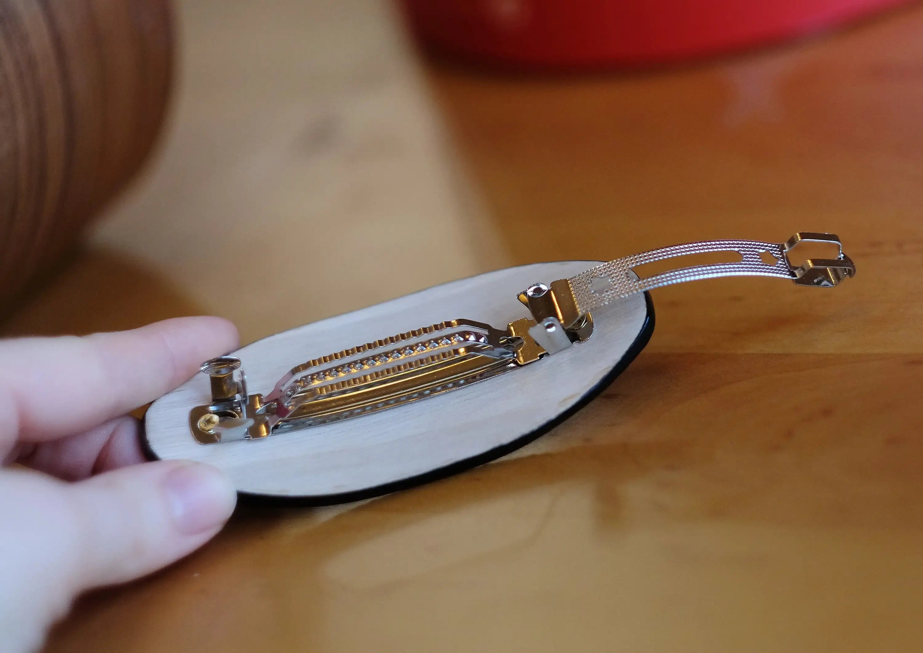 Painted Wooden Oval Hair Barrette - Artisanal Petrykivka Art Blue Flower French Hair Clip