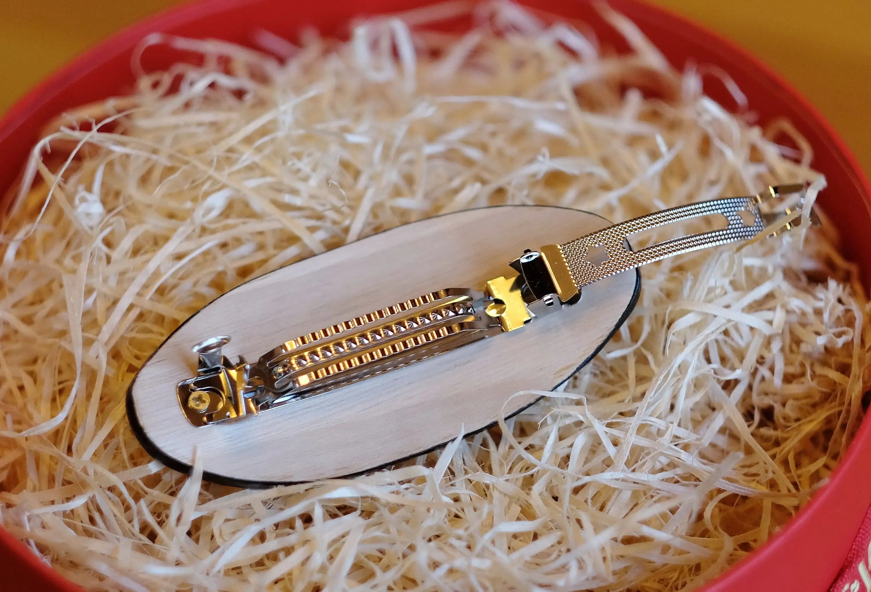 Painted Wooden Oval Hair Barrette - Artisanal Petrykivka Art Blue Flower French Hair Clip