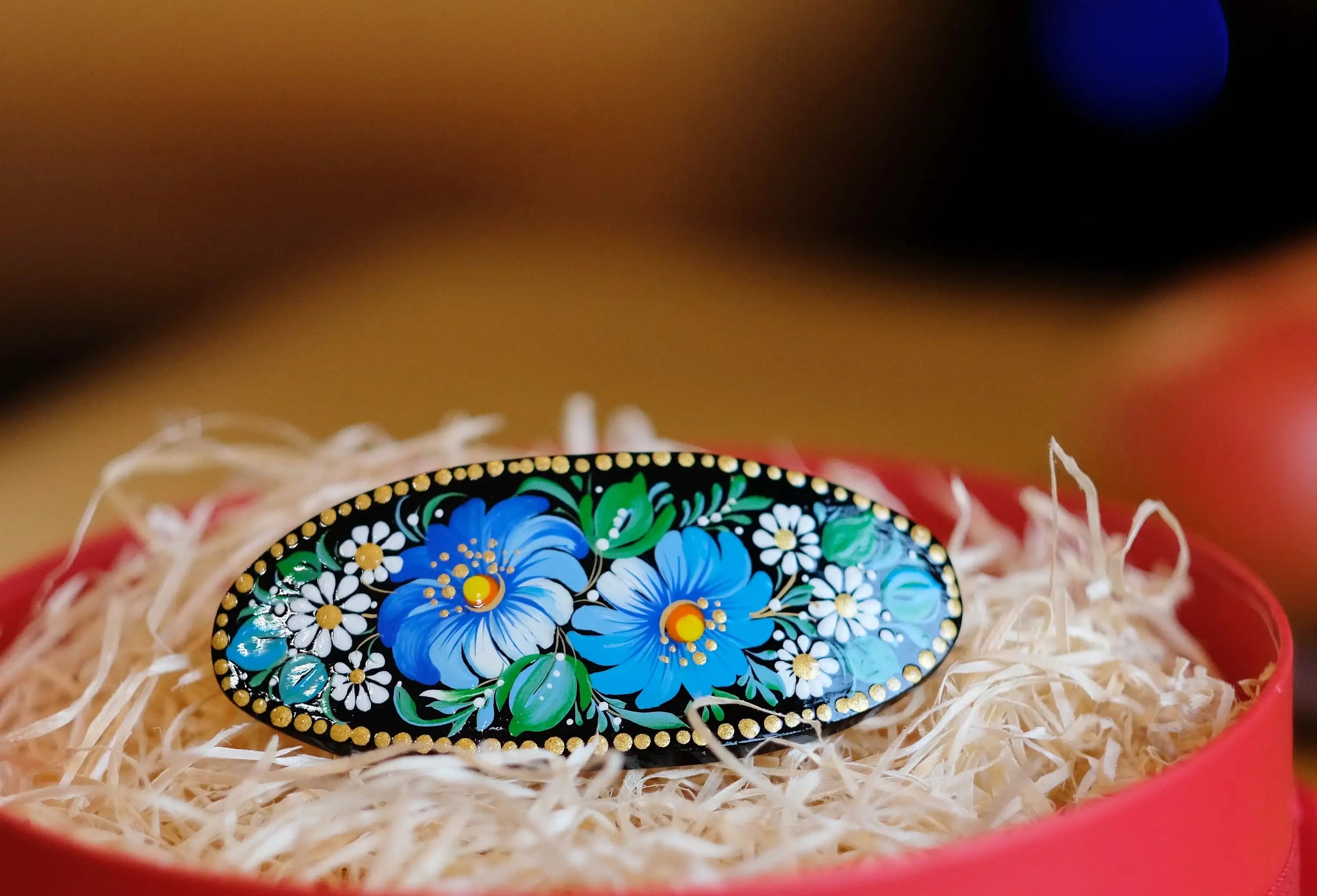 Painted Wooden Oval Hair Barrette - Artisanal Petrykivka Art Blue Flower French Hair Clip