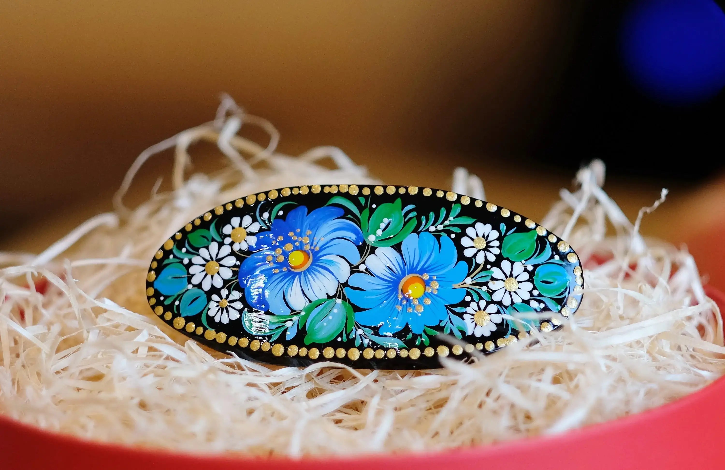 Painted Wooden Oval Hair Barrette - Artisanal Petrykivka Art Blue Flower French Hair Clip