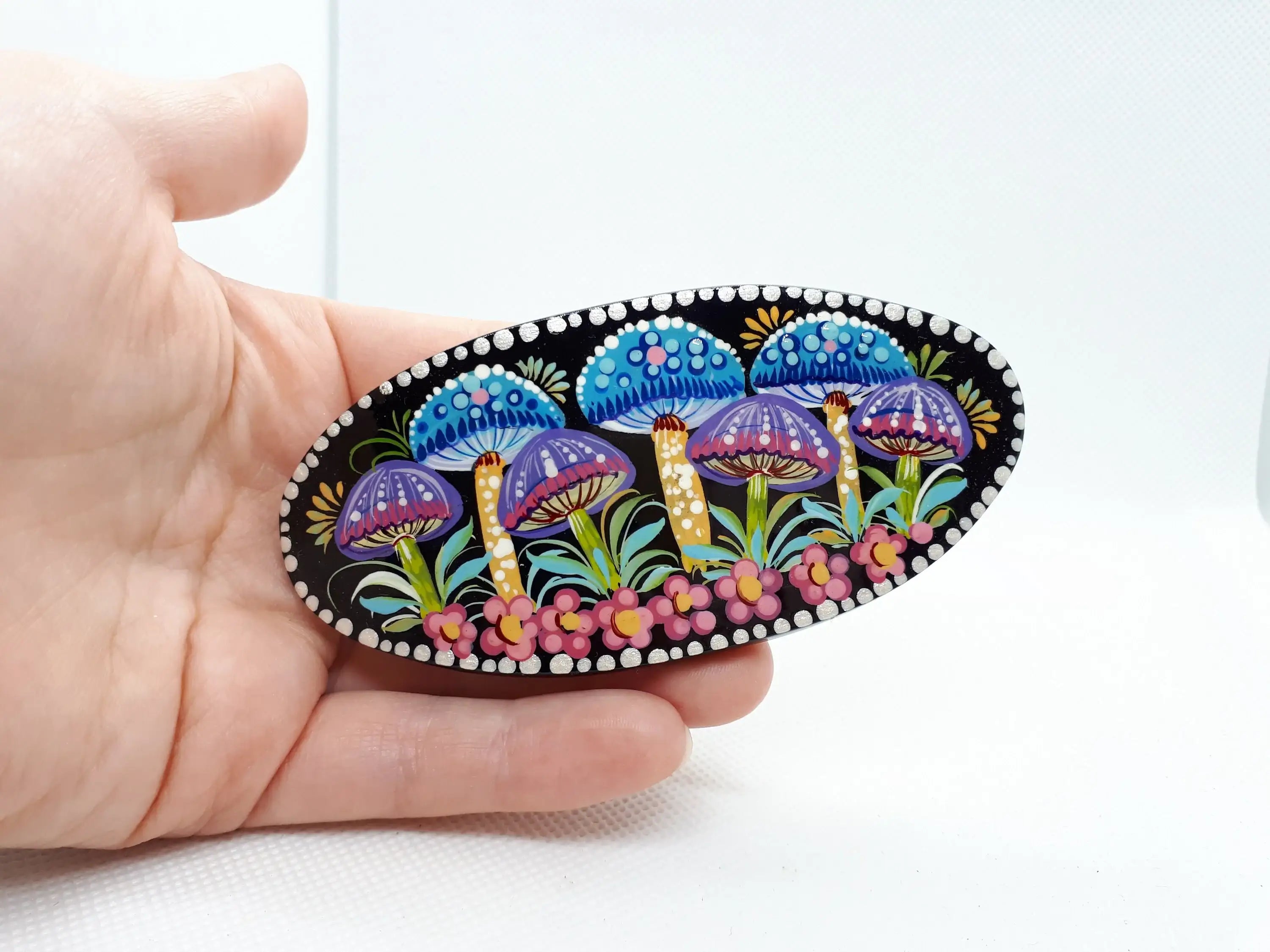 Painted Wooden Mushroom Hair Barrette - Artisanal Petrykivka Art Oval French Hair Clip, Handmade in Ukraine