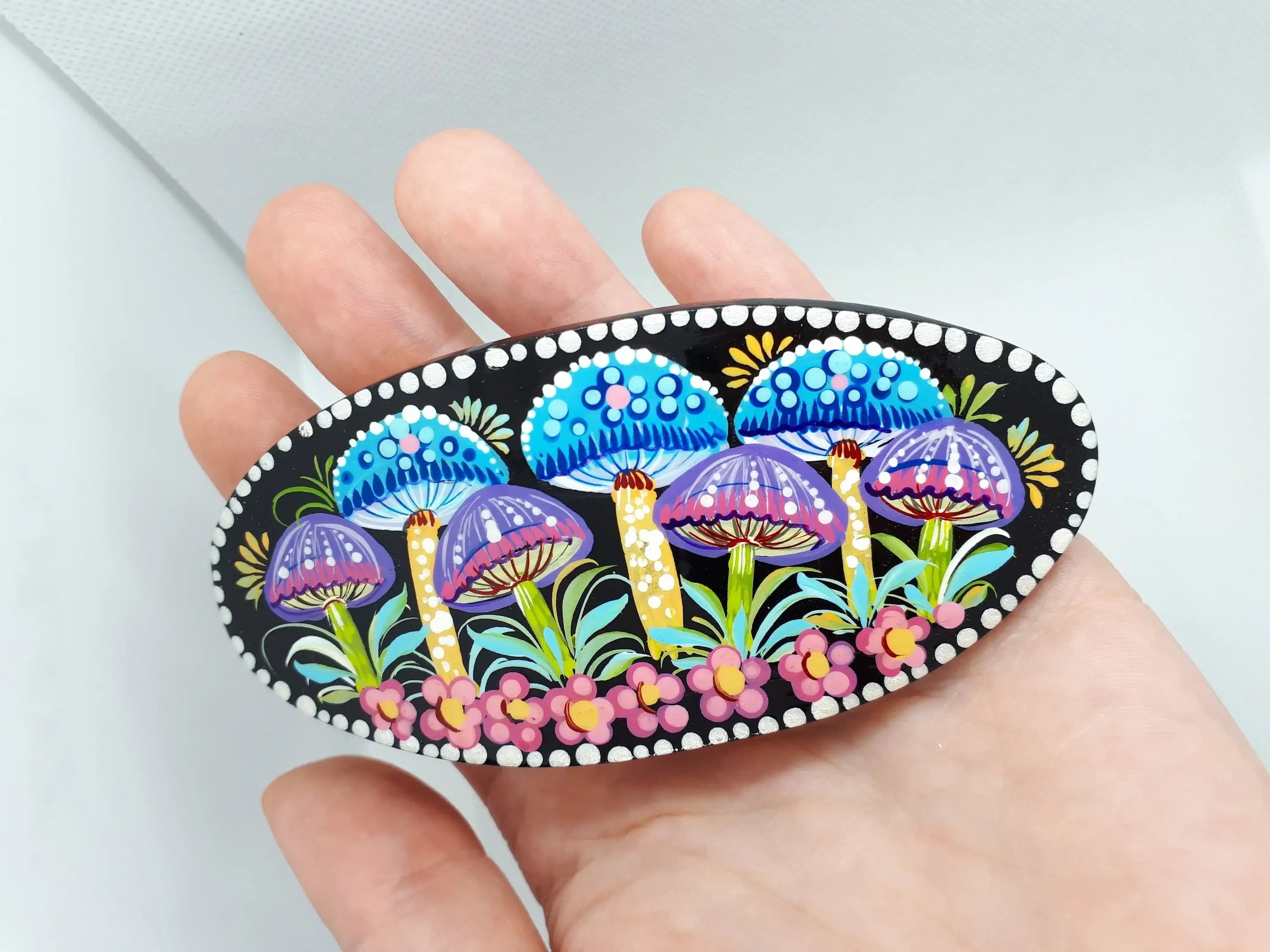 Painted Wooden Mushroom Hair Barrette - Artisanal Petrykivka Art Oval French Hair Clip, Handmade in Ukraine