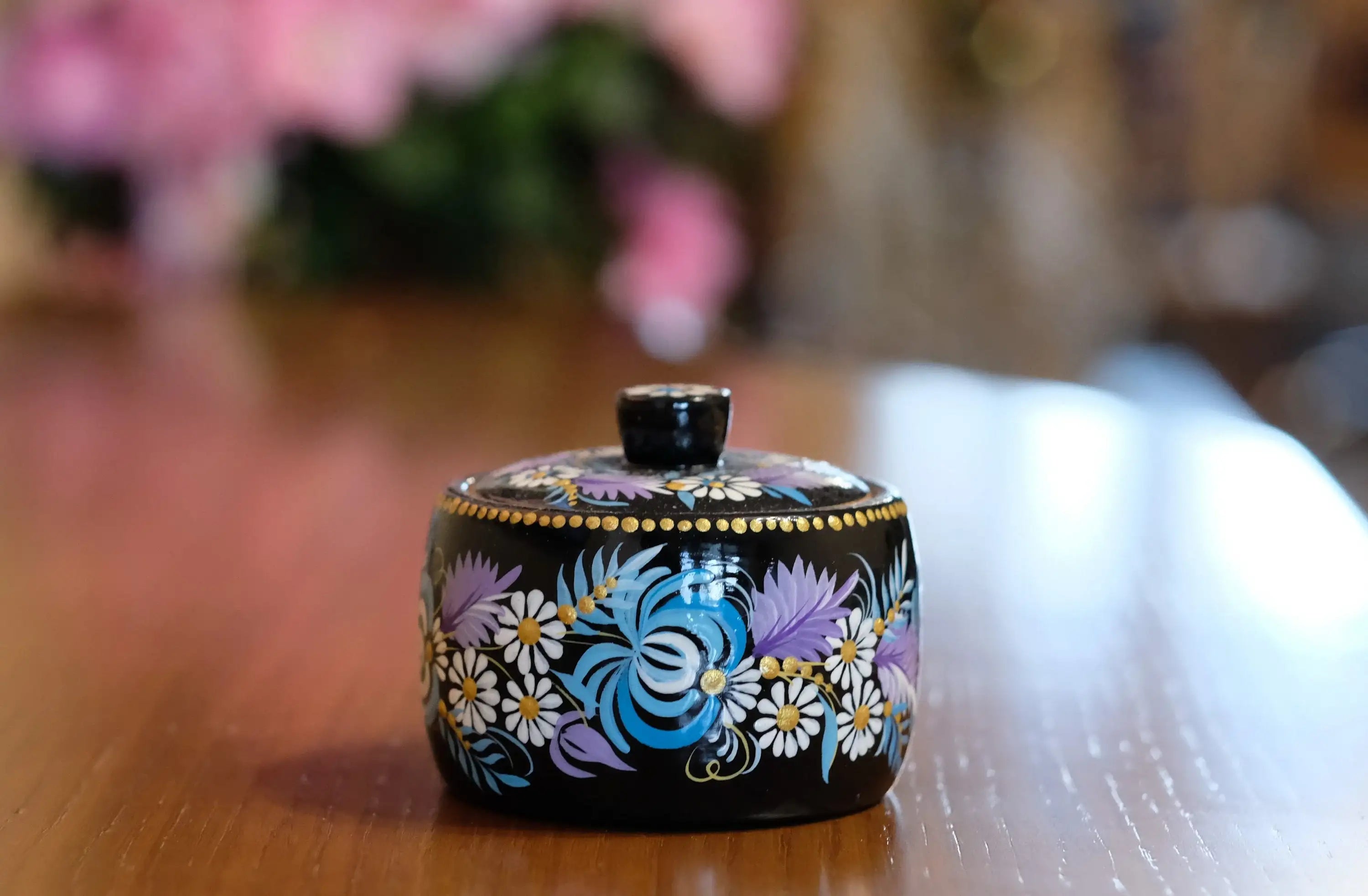 Wooden Salt Cellar with Lid - Artisanal Hand-painted Blue Flower Salt pot, Petrykivka Art