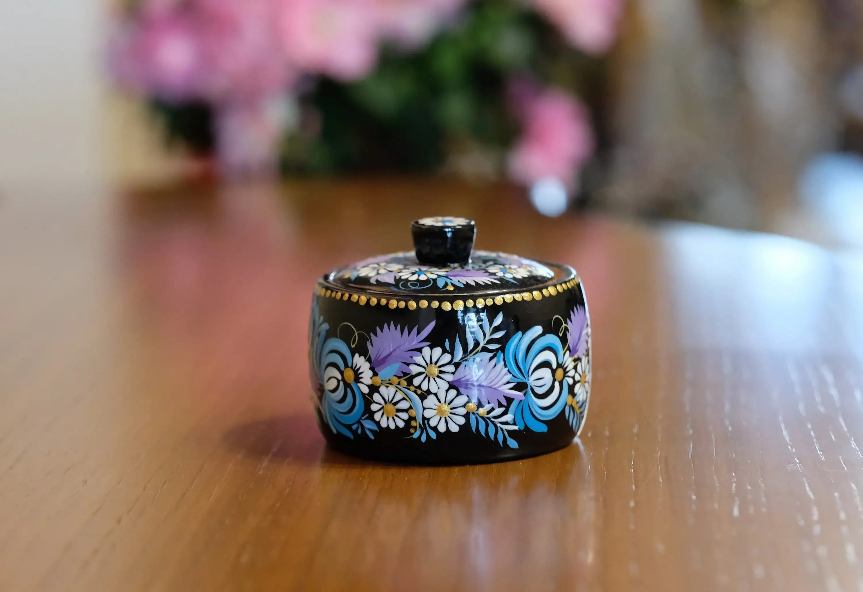 Wooden Salt Cellar with Lid - Artisanal Hand-painted Blue Flower Salt pot, Petrykivka Art