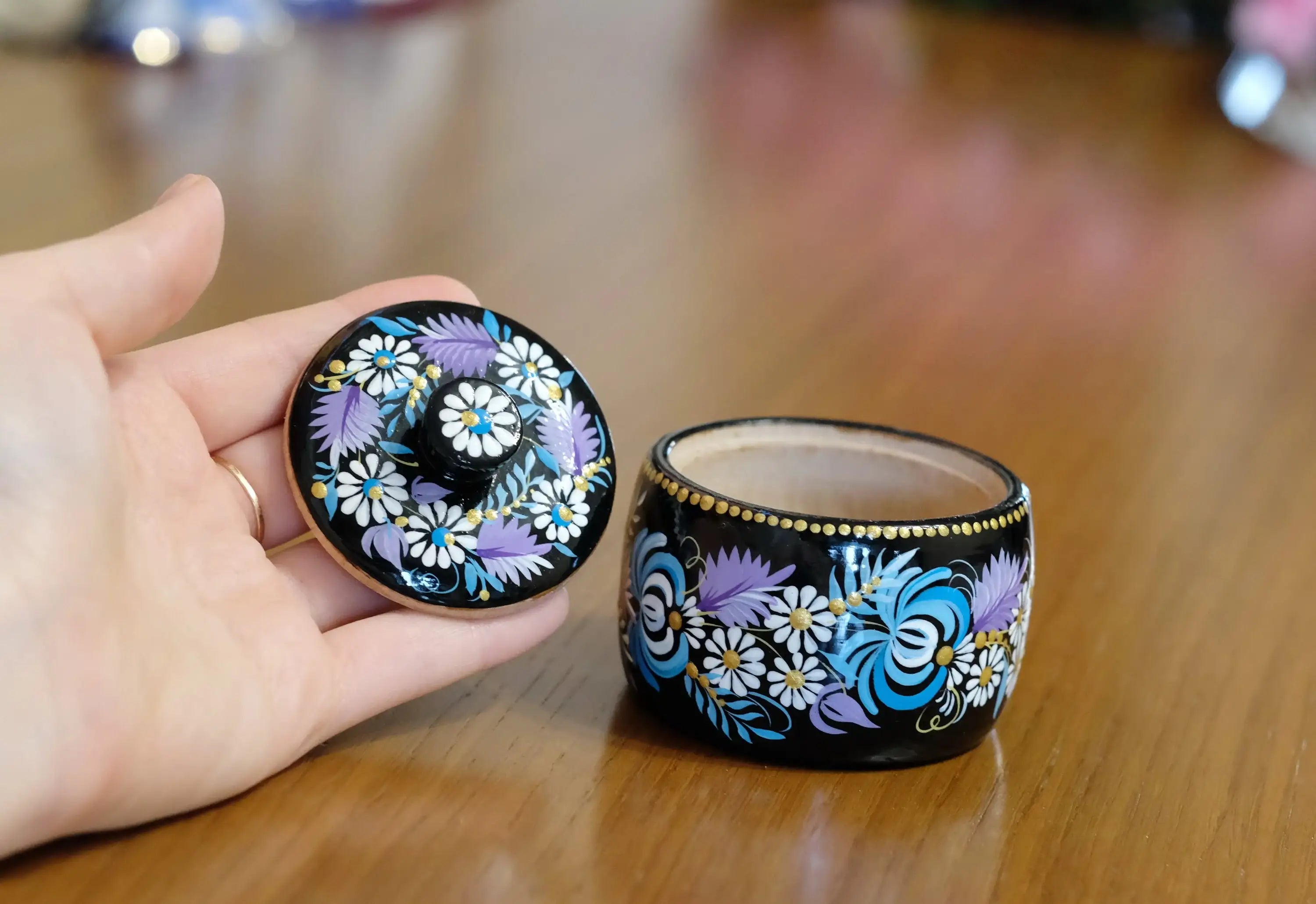 Wooden Salt Cellar with Lid - Artisanal Hand-painted Blue Flower Salt pot, Petrykivka Art