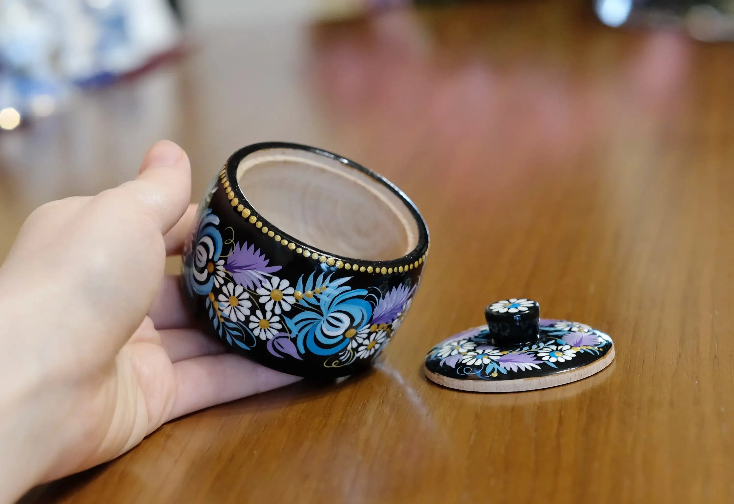 Wooden Salt Cellar with Lid - Artisanal Hand-painted Blue Flower Salt pot, Petrykivka Art