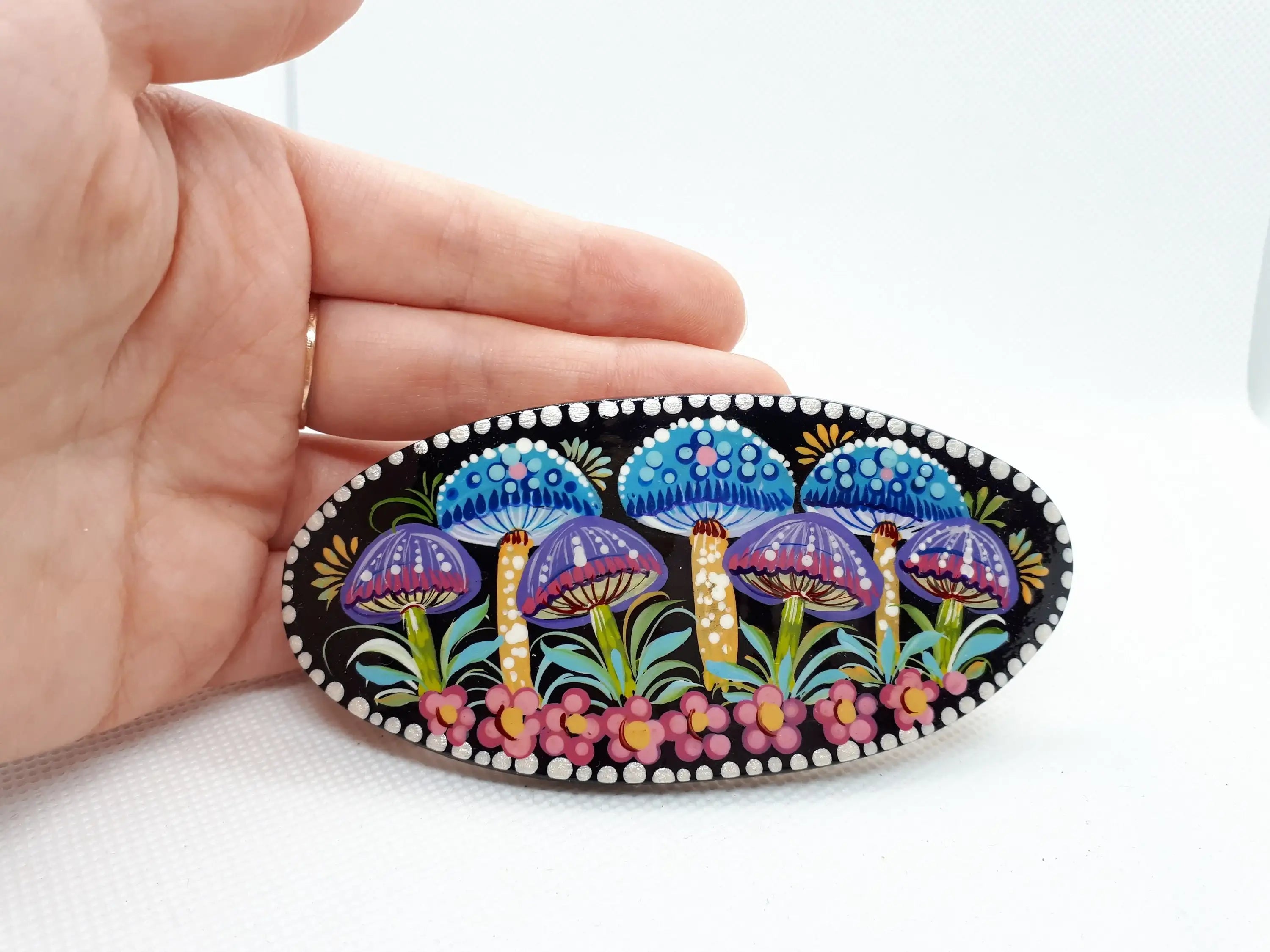 Painted Wooden Mushroom Hair Barrette - Artisanal Petrykivka Art Oval French Hair Clip, Handmade in Ukraine
