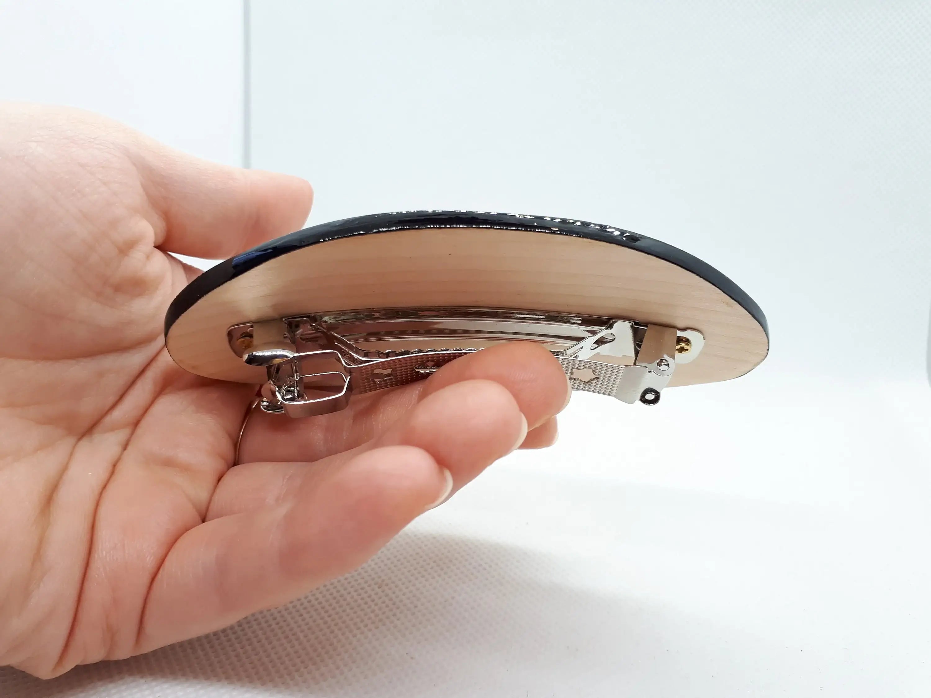 Painted Wooden Mushroom Hair Barrette - Artisanal Petrykivka Art Oval French Hair Clip, Handmade in Ukraine