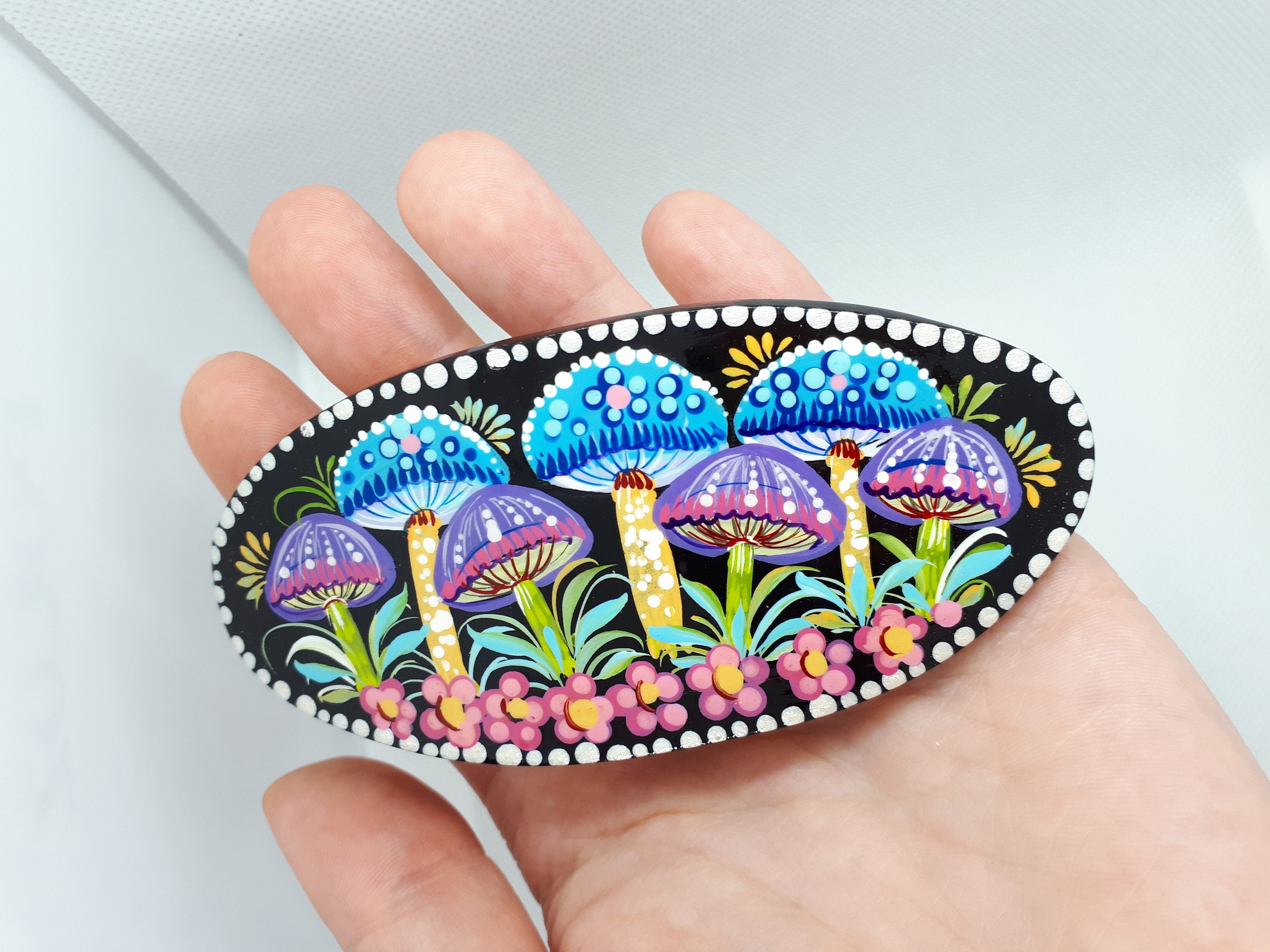 Painted Wooden Mushroom Hair Barrette - Artisanal Petrykivka Art Oval French Hair Clip, Handmade in Ukraine