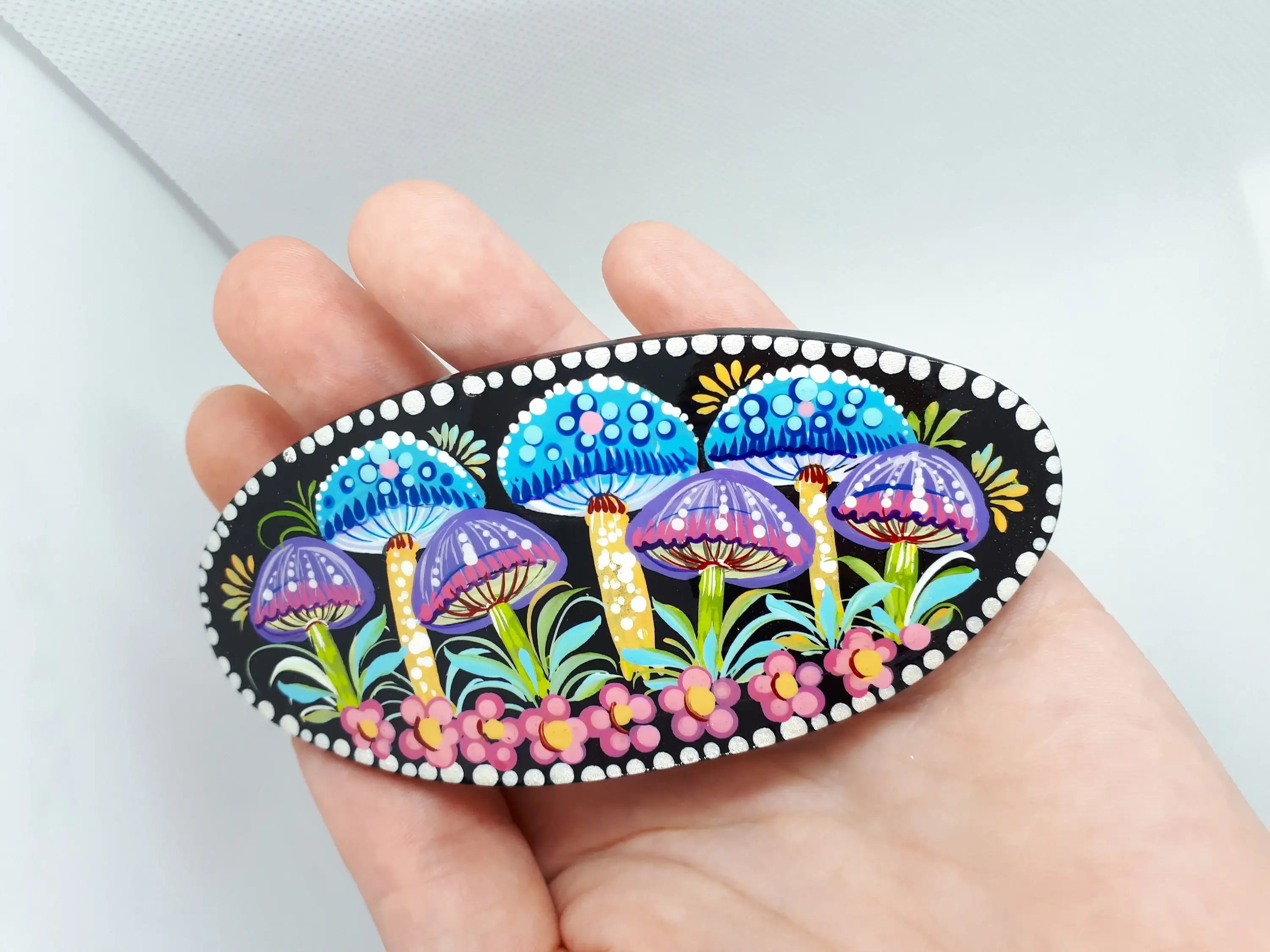 Painted Wooden Mushroom Hair Barrette - Artisanal Petrykivka Art Oval French Hair Clip, Handmade in Ukraine
