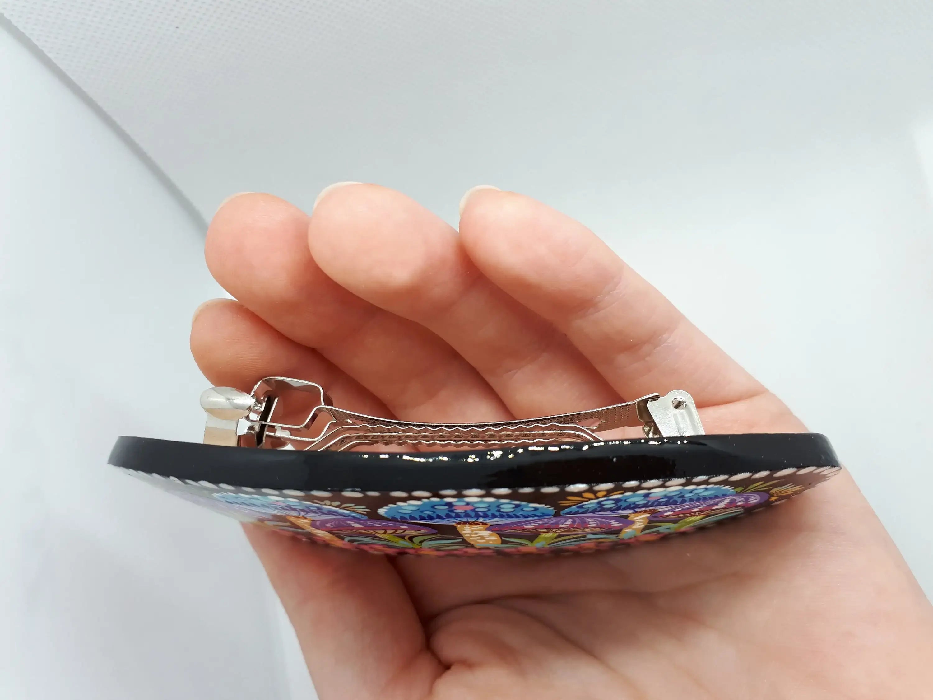 Painted Wooden Mushroom Hair Barrette - Artisanal Petrykivka Art Oval French Hair Clip, Handmade in Ukraine