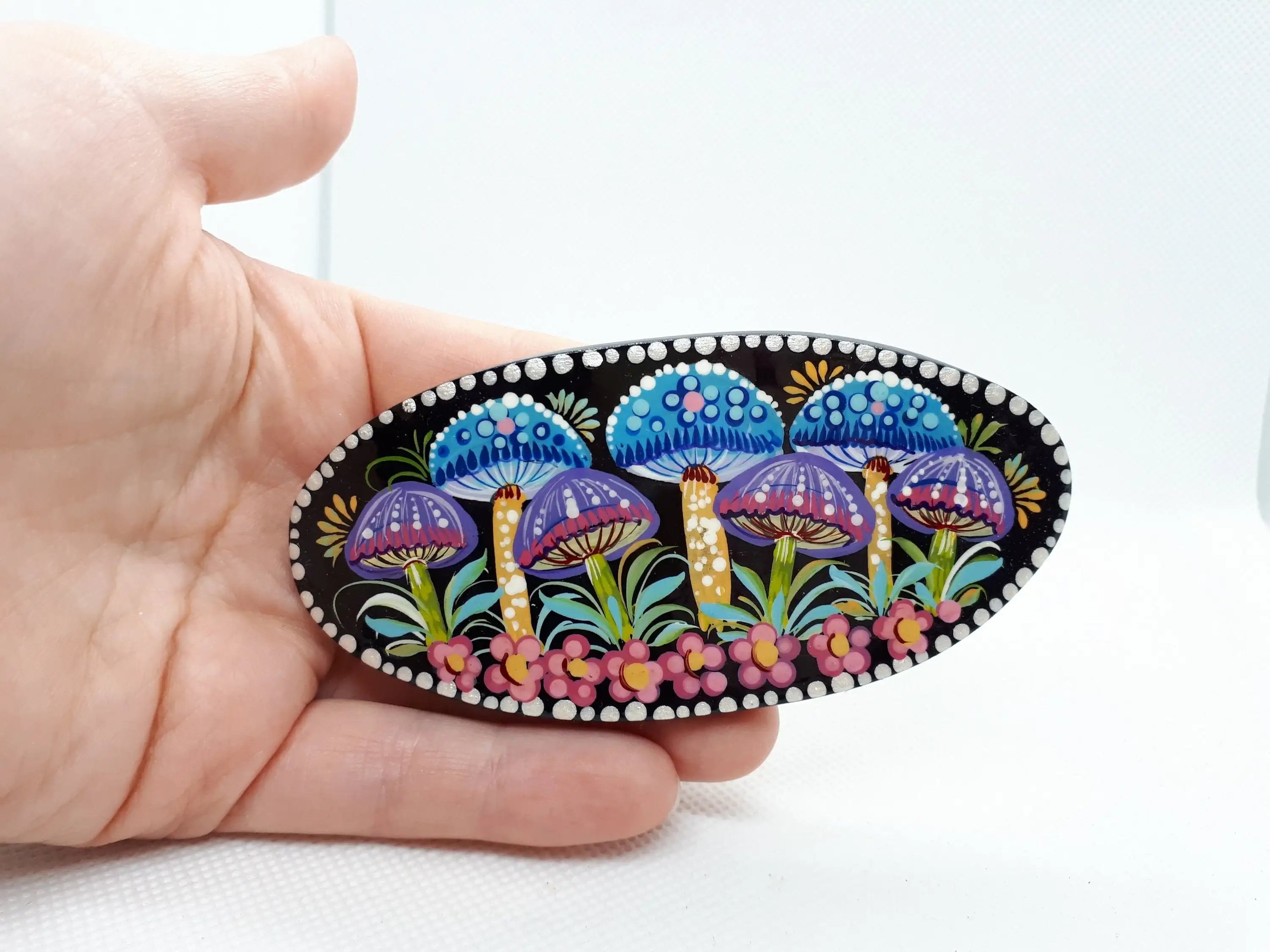 Painted Wooden Mushroom Hair Barrette - Artisanal Petrykivka Art Oval French Hair Clip, Handmade in Ukraine