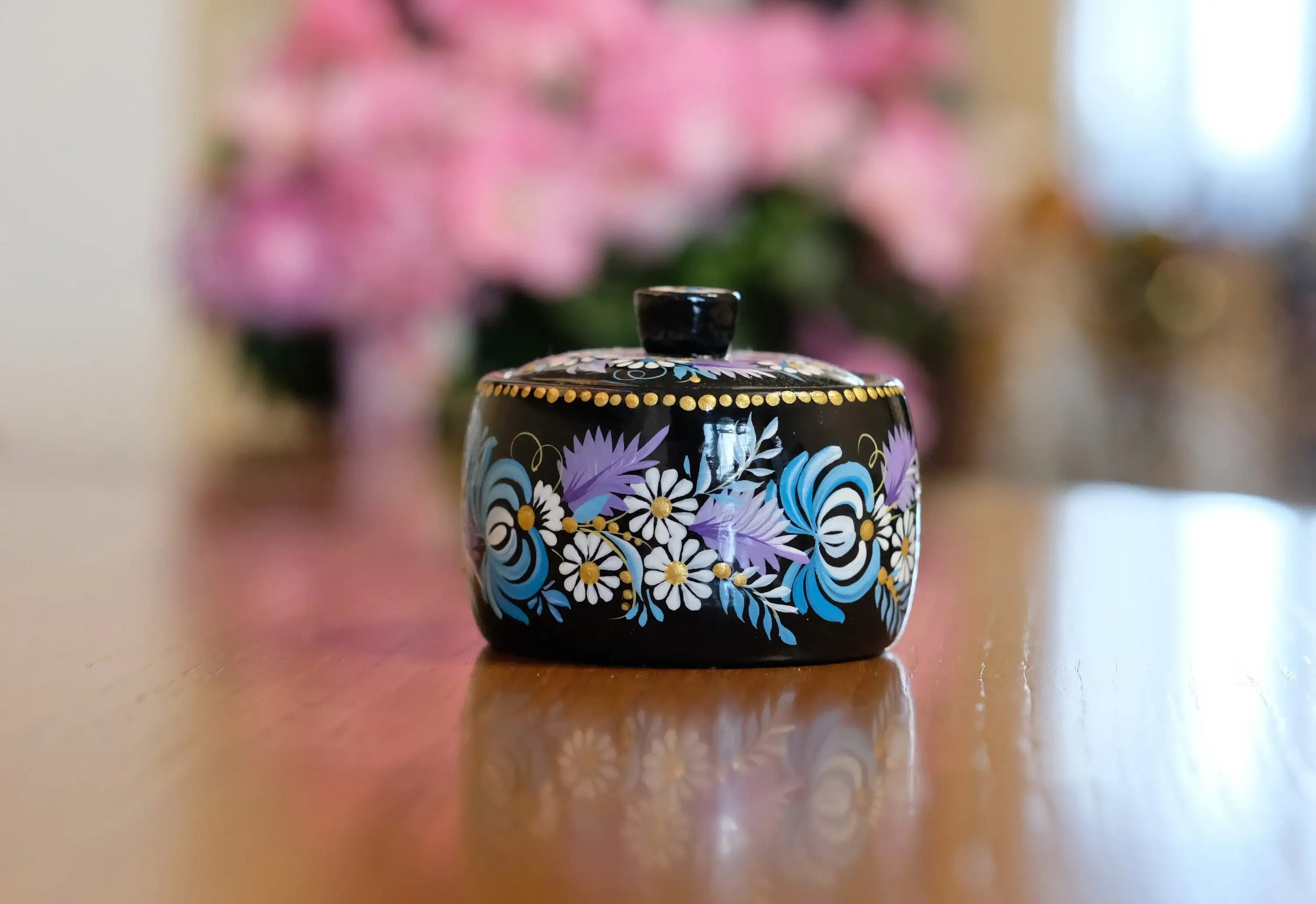 Wooden Salt Cellar with Lid - Artisanal Hand-painted Blue Flower Salt pot, Petrykivka Art