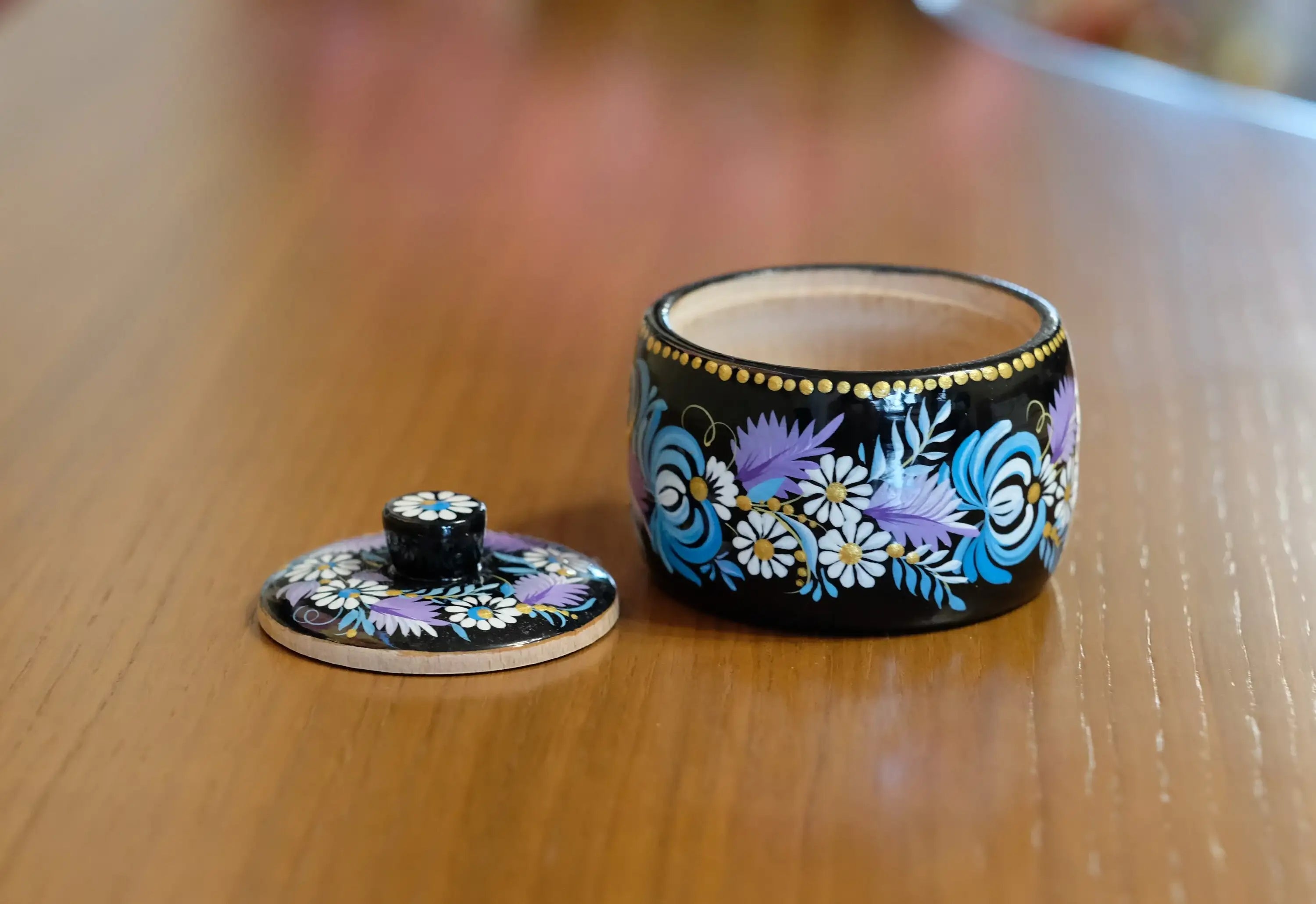 Wooden Salt Cellar with Lid - Artisanal Hand-painted Blue Flower Salt pot, Petrykivka Art