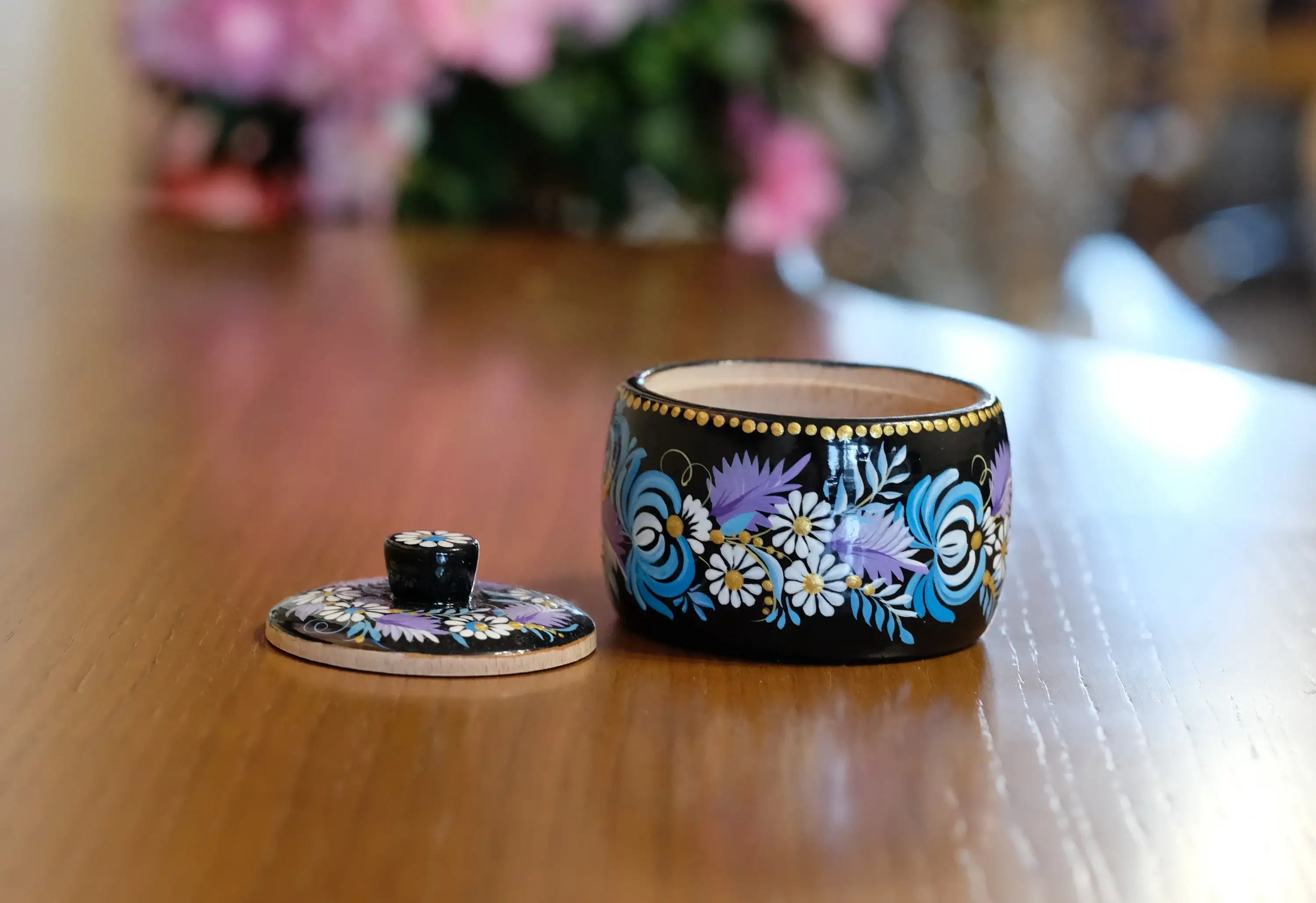 Wooden Salt Cellar with Lid - Artisanal Hand-painted Blue Flower Salt pot, Petrykivka Art