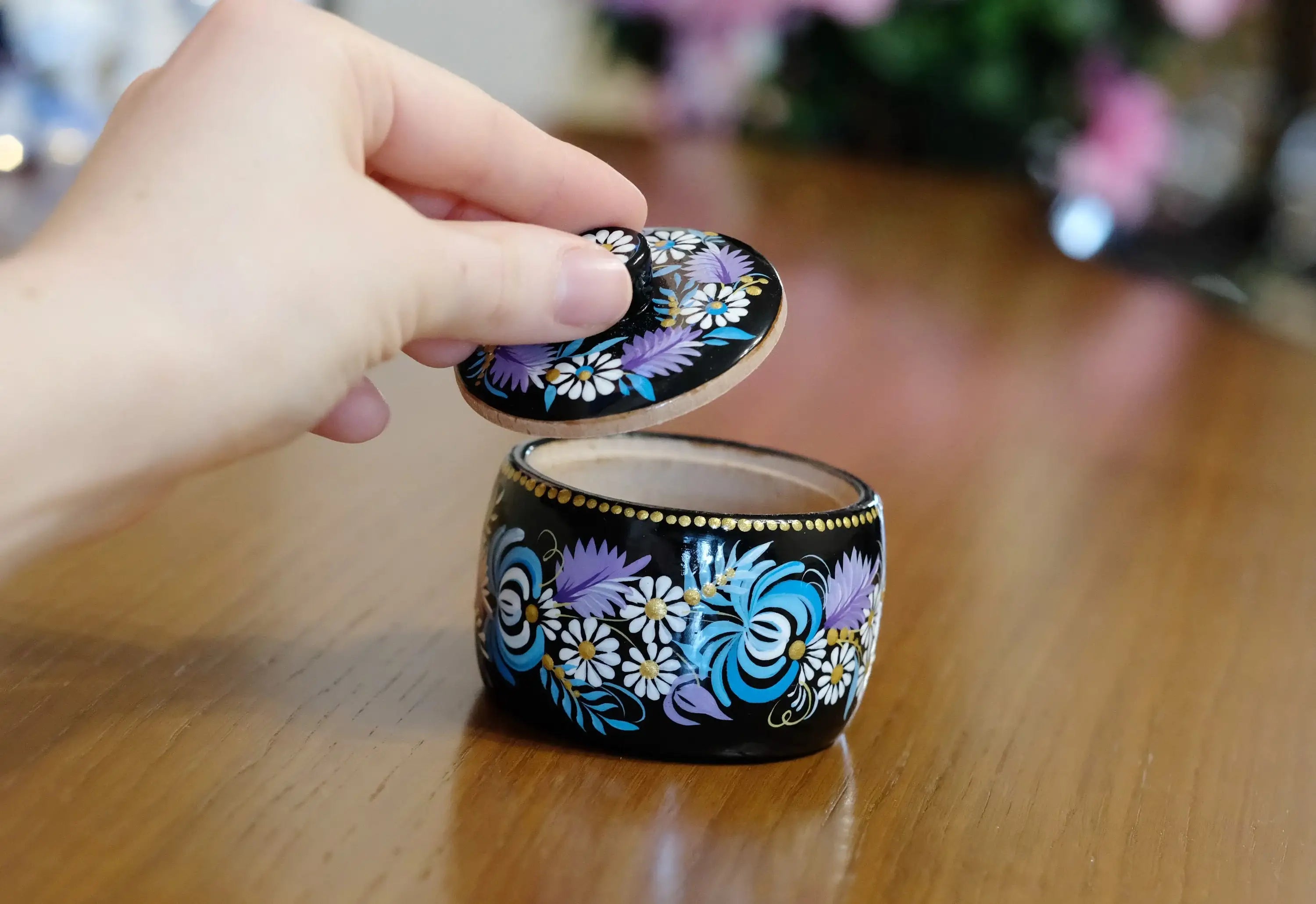 Wooden Salt Cellar with Lid - Artisanal Hand-painted Blue Flower Salt pot, Petrykivka Art