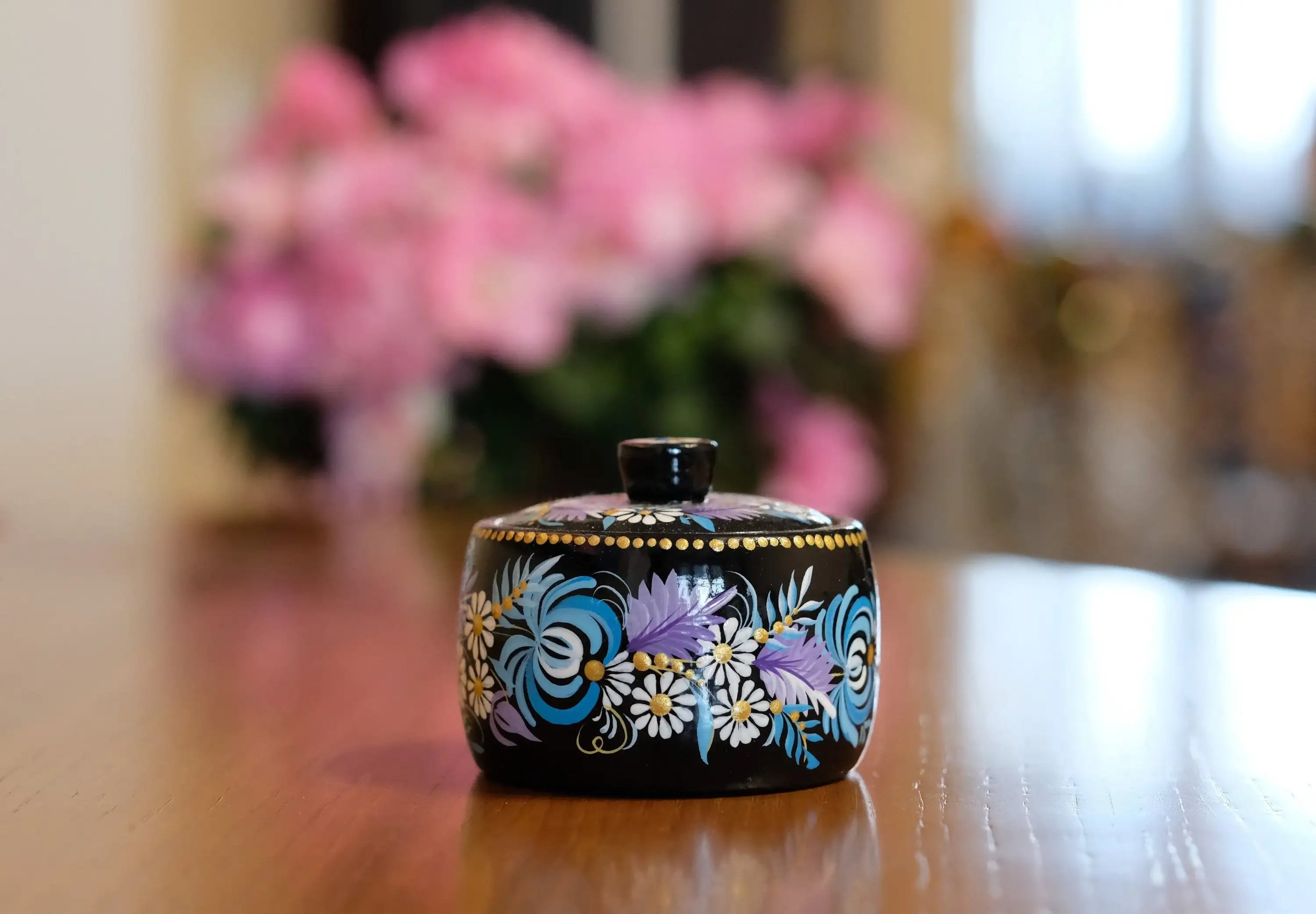Wooden Salt Cellar with Lid - Artisanal Hand-painted Blue Flower Salt pot, Petrykivka Art