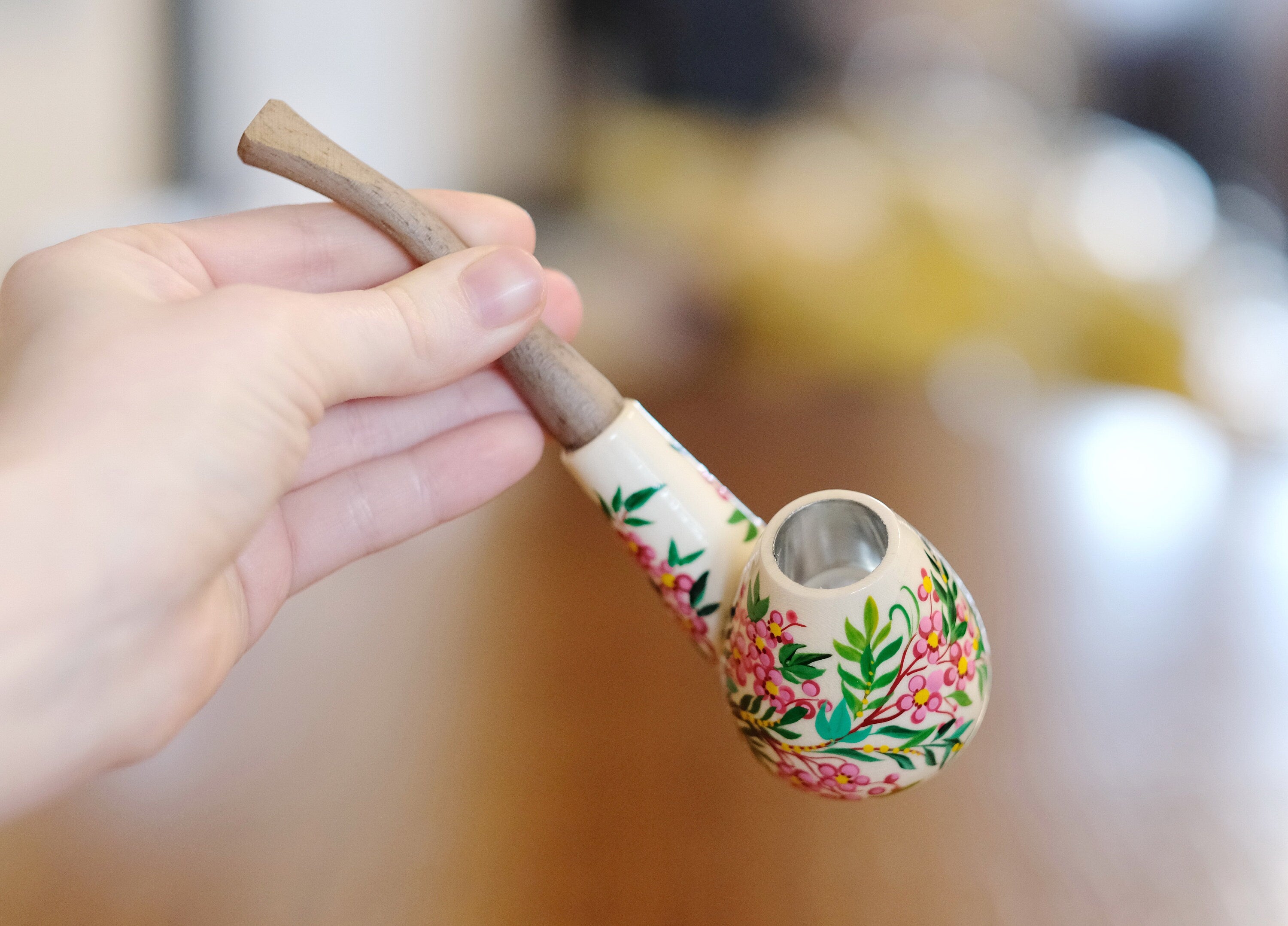 Wooden Tobacco Smoking Pipe - Painted Cherry Blossom Pipe with Ukrainian Folk Art Petrykivka