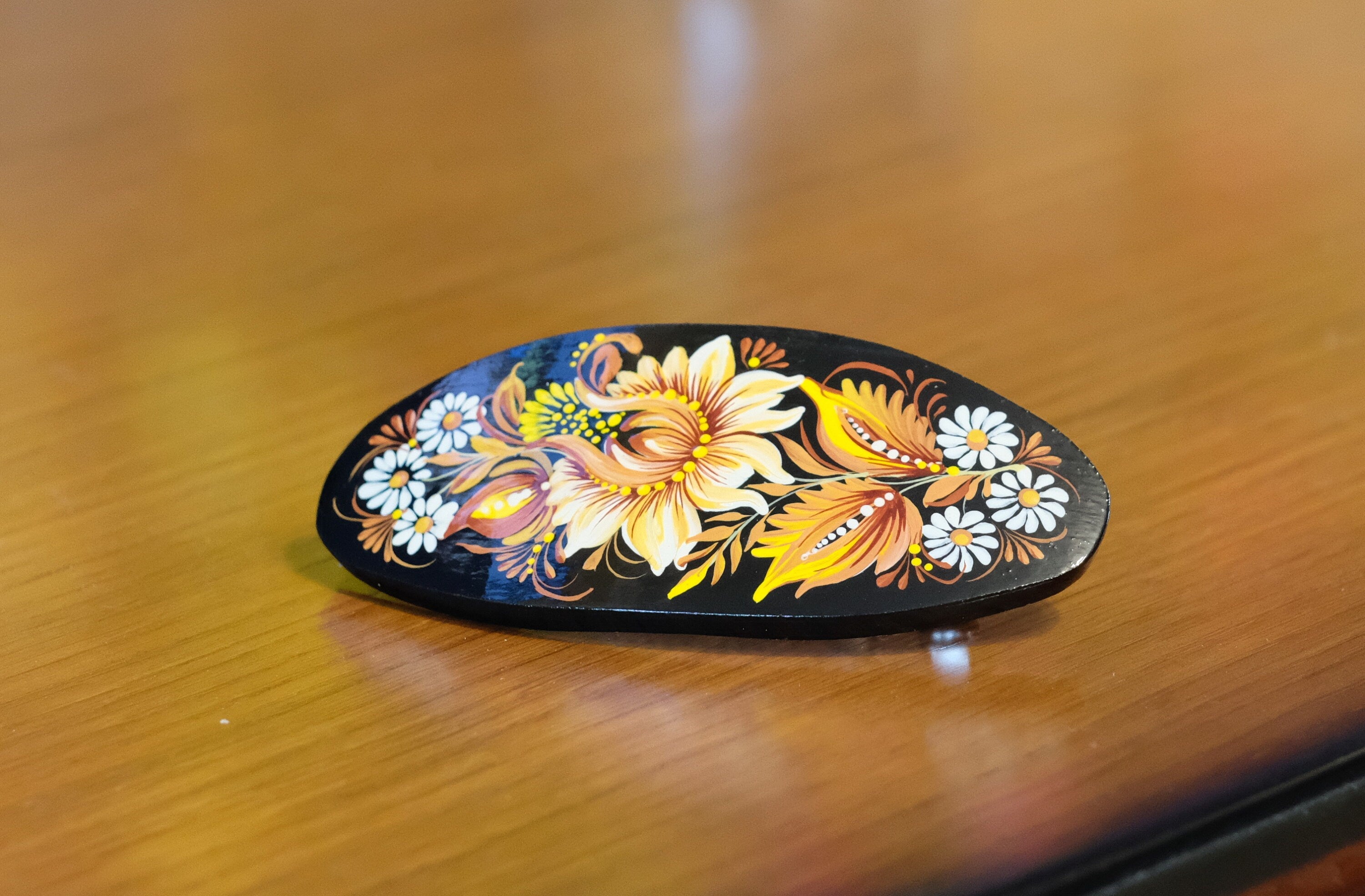 Painted Wooden Beige Flower Hair Barrette - Handmade Artisanal Petrykivka Art French Hair Clip