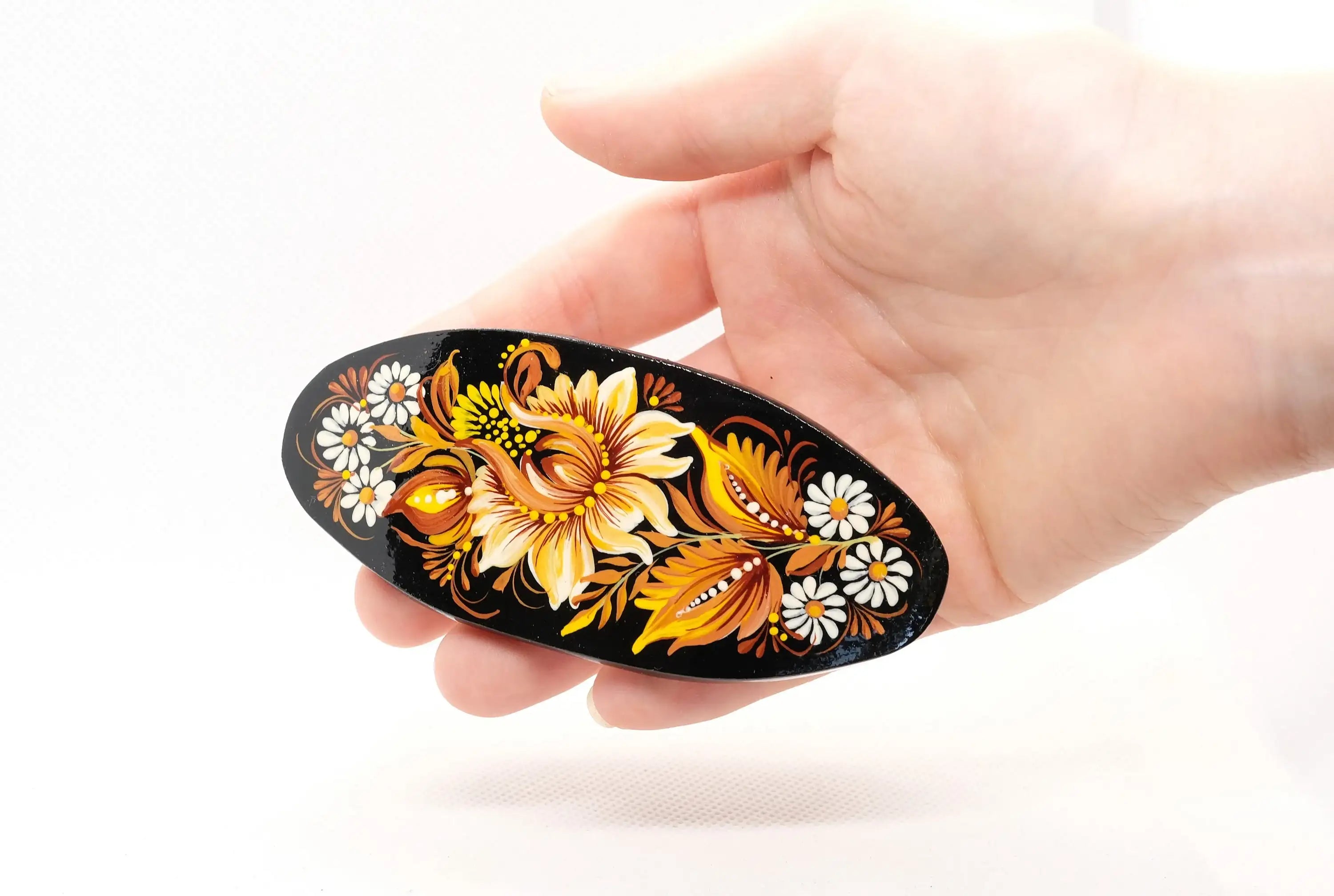 Painted Wooden Beige Flower Hair Barrette - Handmade Artisanal Petrykivka Art French Hair Clip